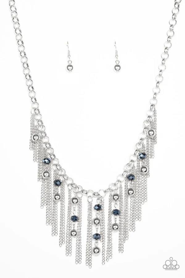 Ever Rebellious - Blue Metallic Crystal Silver Fringe Short Necklace
