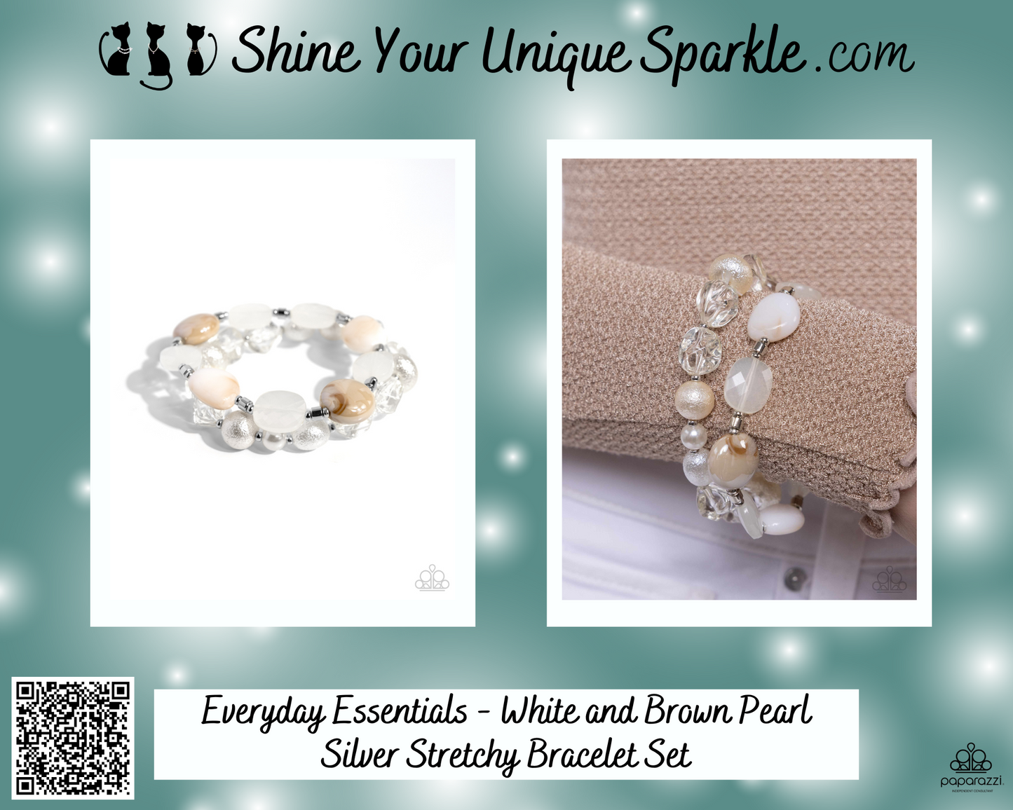 Everyday Essentials - White and Brown Pearl Silver Stretchy Bracelet Set