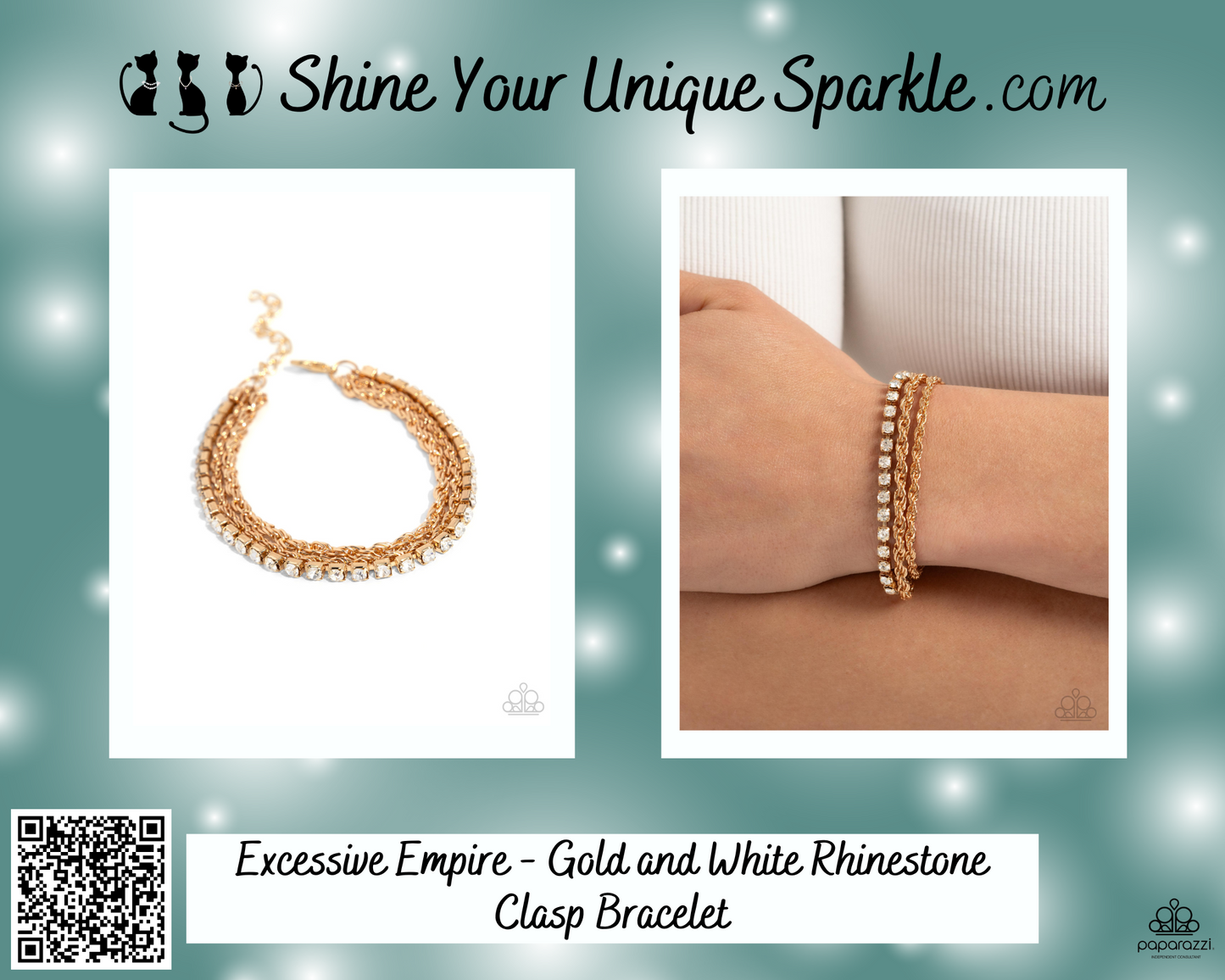 Excessive Empire - Gold and White Rhinestone Clasp Bracelet