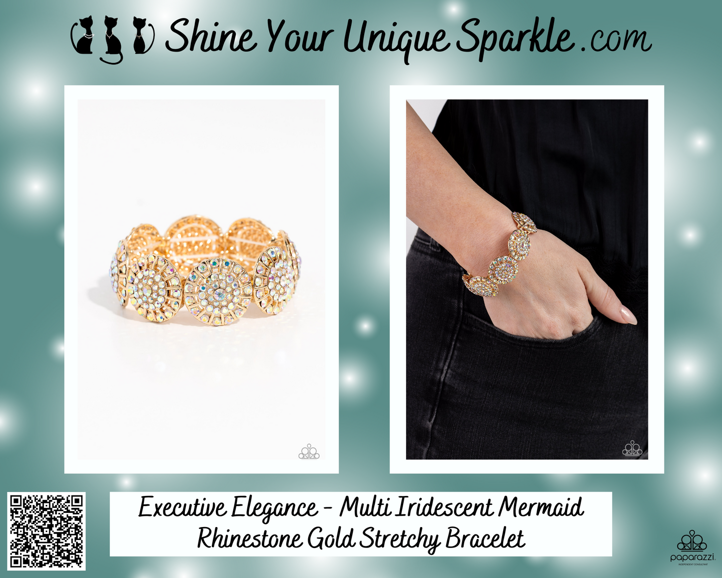 Executive Elegance - Multi Iridescent Mermaid Rhinestone Gold Stretchy Bracelet