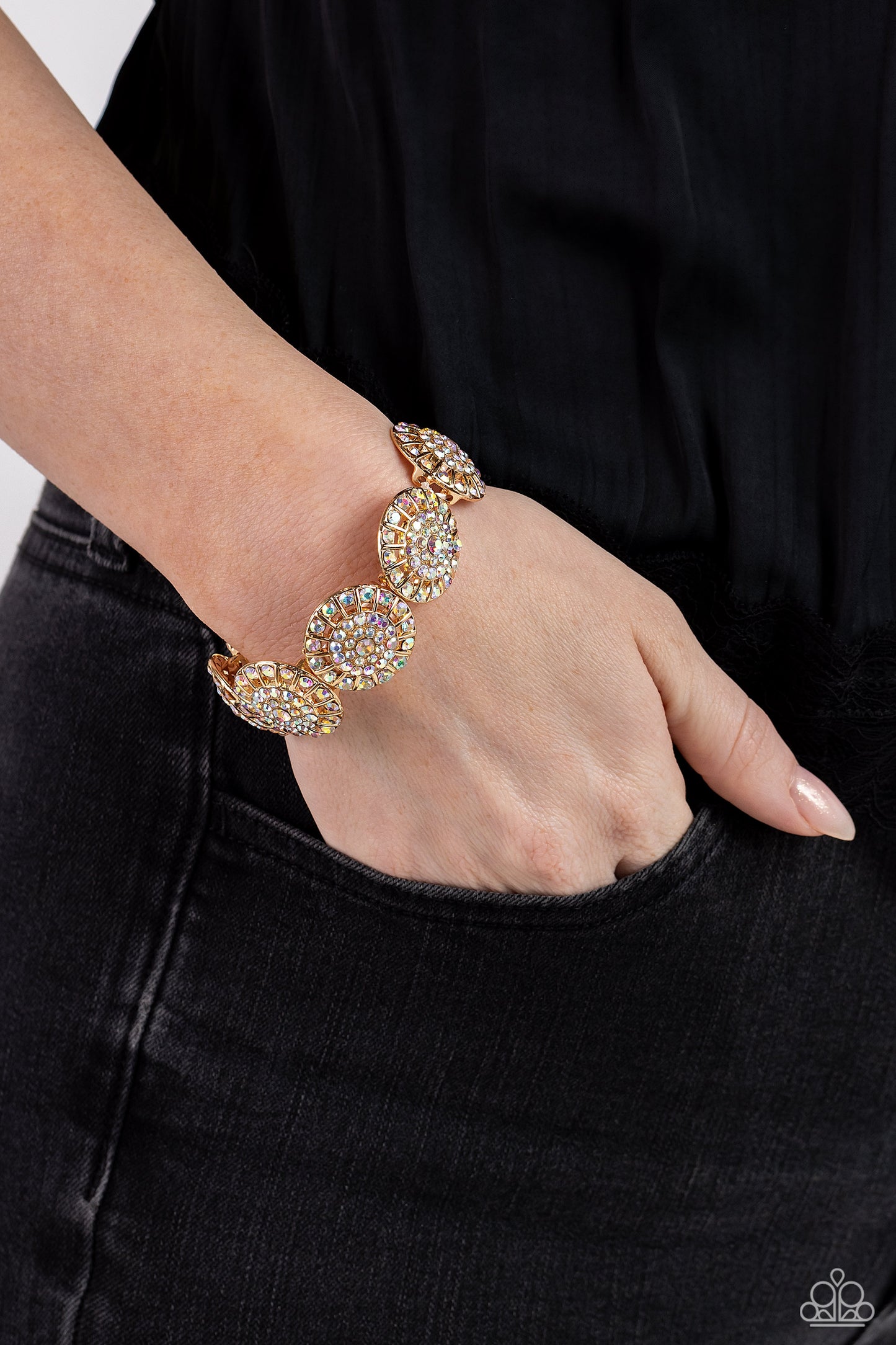Executive Elegance - Multi Iridescent Mermaid Rhinestone Gold Stretchy Bracelet