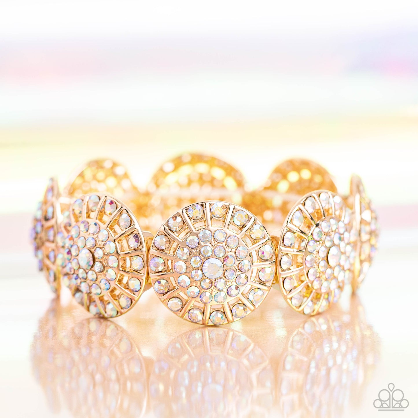 Executive Elegance - Multi Iridescent Mermaid Rhinestone Gold Stretchy Bracelet