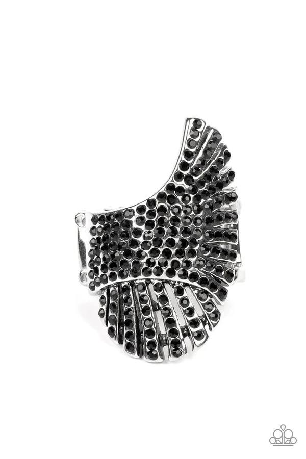 Express Your-SELFIE - Black Rhinestone Silver Feather Ring