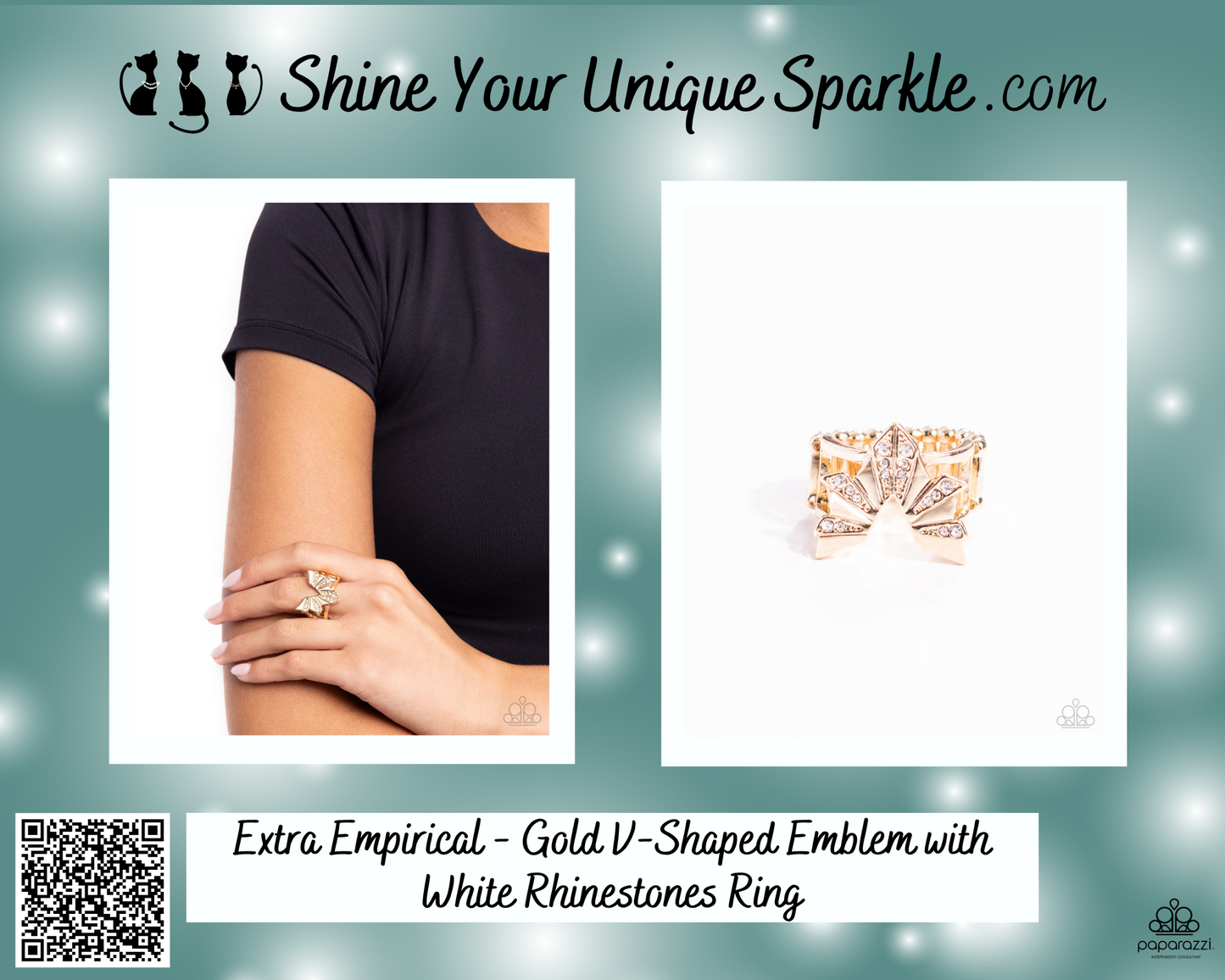 Extra Empirical - Gold V-Shaped Emblem with White Rhinestones Ring