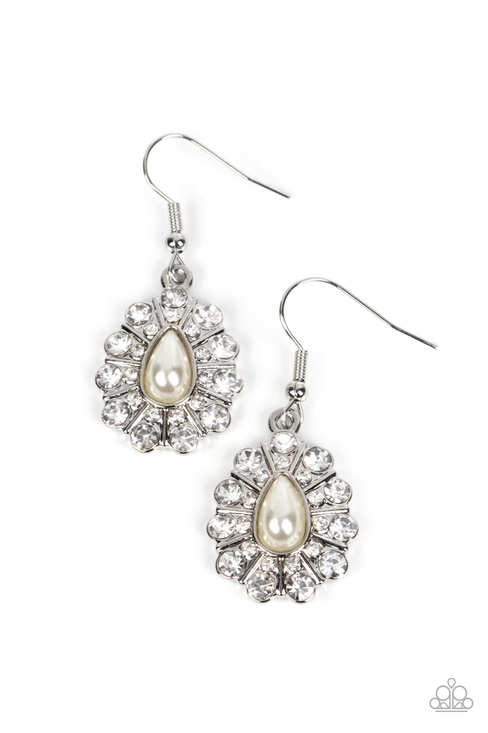 Extroverted Elegance - White Rhinestone Silver Fishhook Earrings