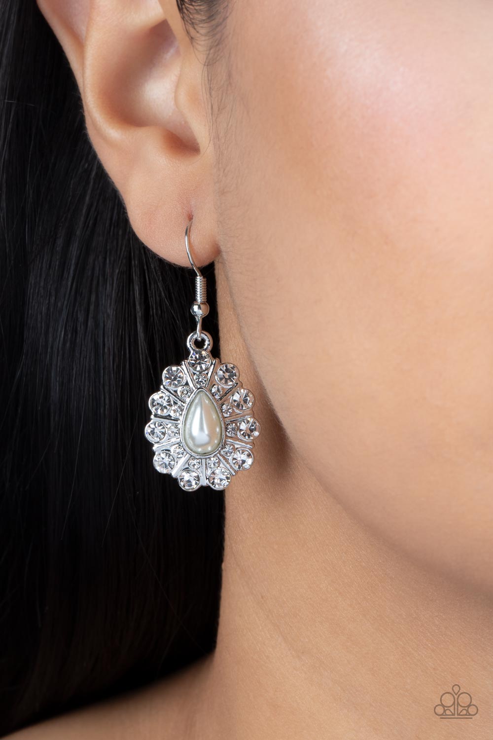 Extroverted Elegance - White Rhinestone Silver Fishhook Earrings