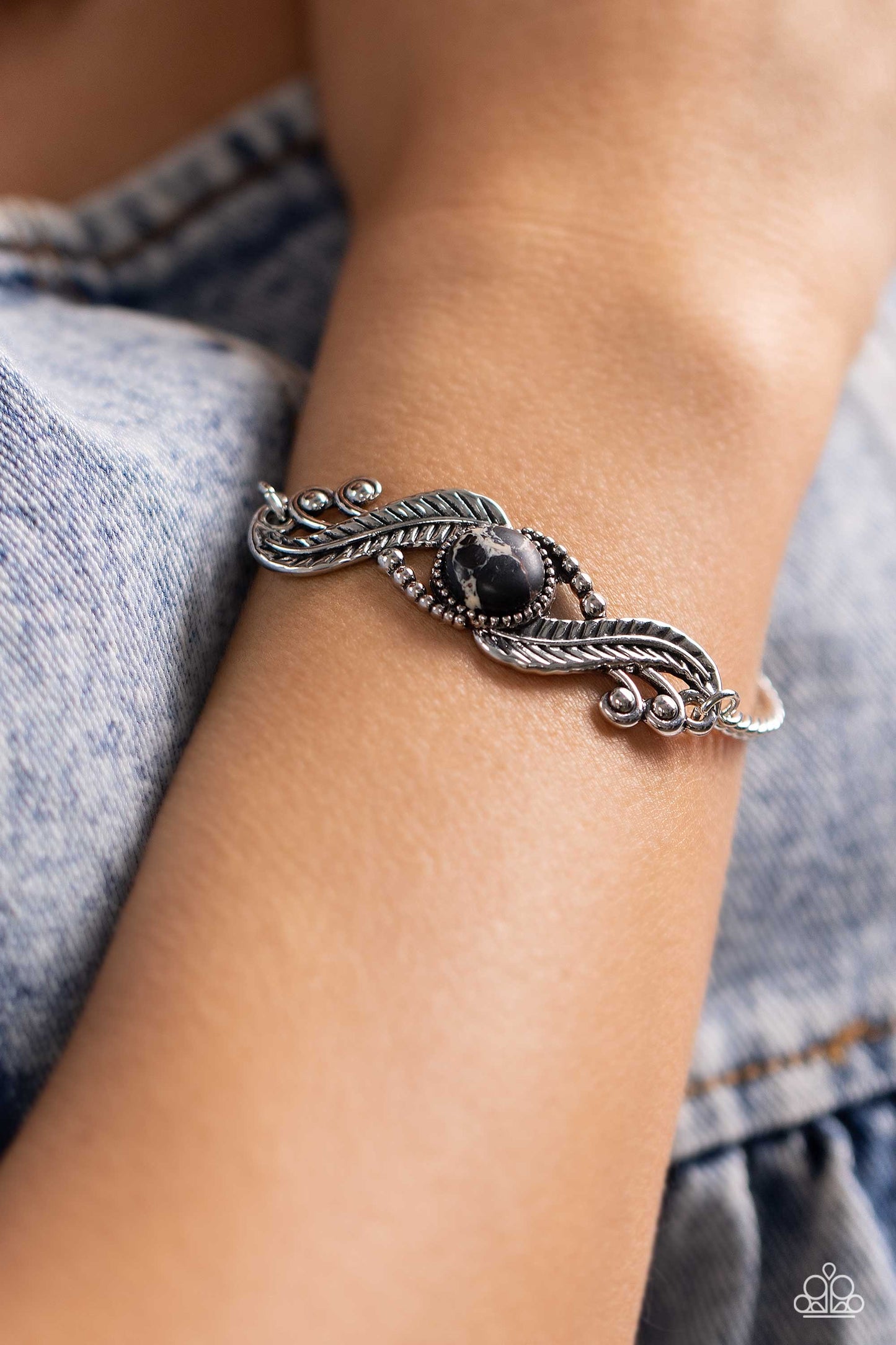 PERFECT MATCH / SET: EYE Wish I May... - Black Stone Silver Feather Crescent Short Necklace AND Eye in the Sky - Black Stone Silver Feather Clasp Bracelet