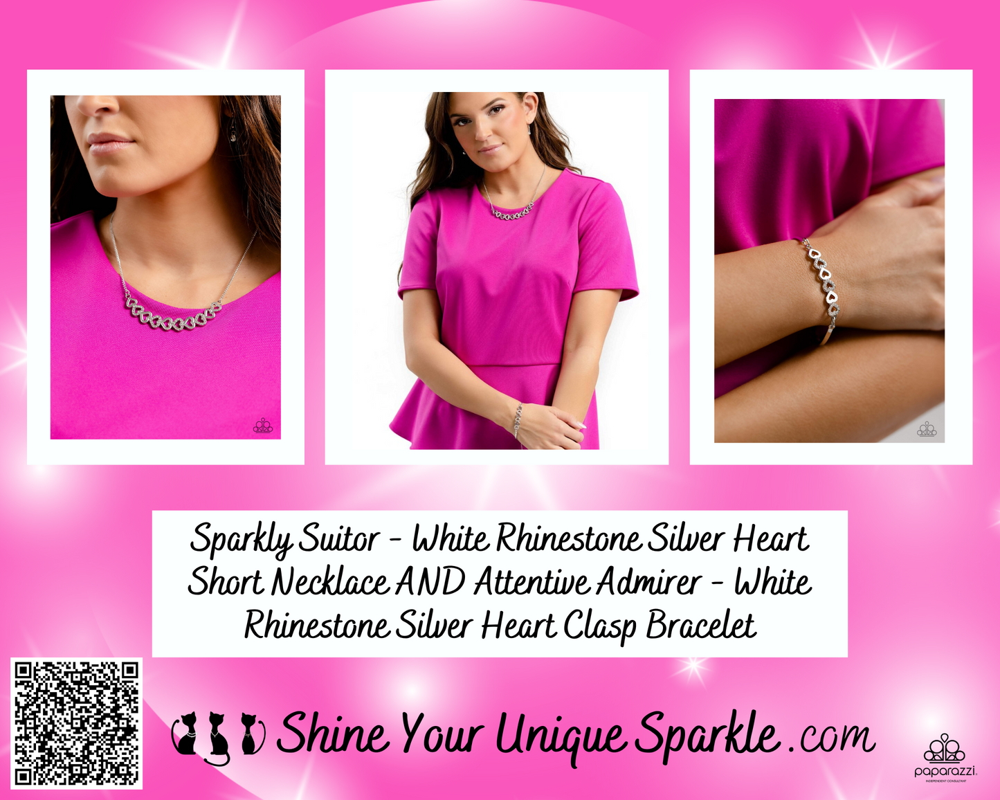 Attentive Admirer - White Rhinestone Silver Heart Clasp Bracelet