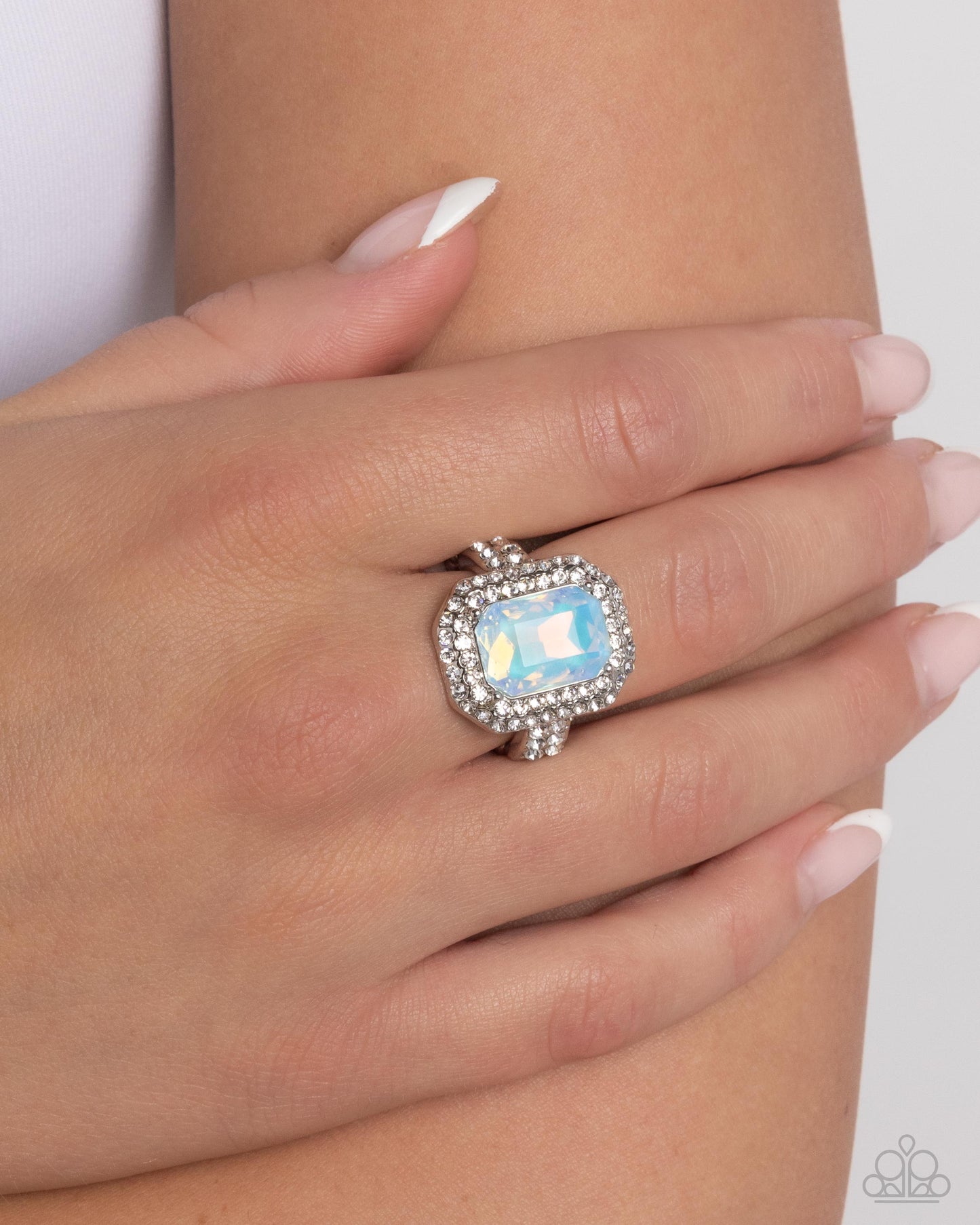 Faceted Fidelity - Blue Iridescent Gem White Rhinestone Silver Ring
