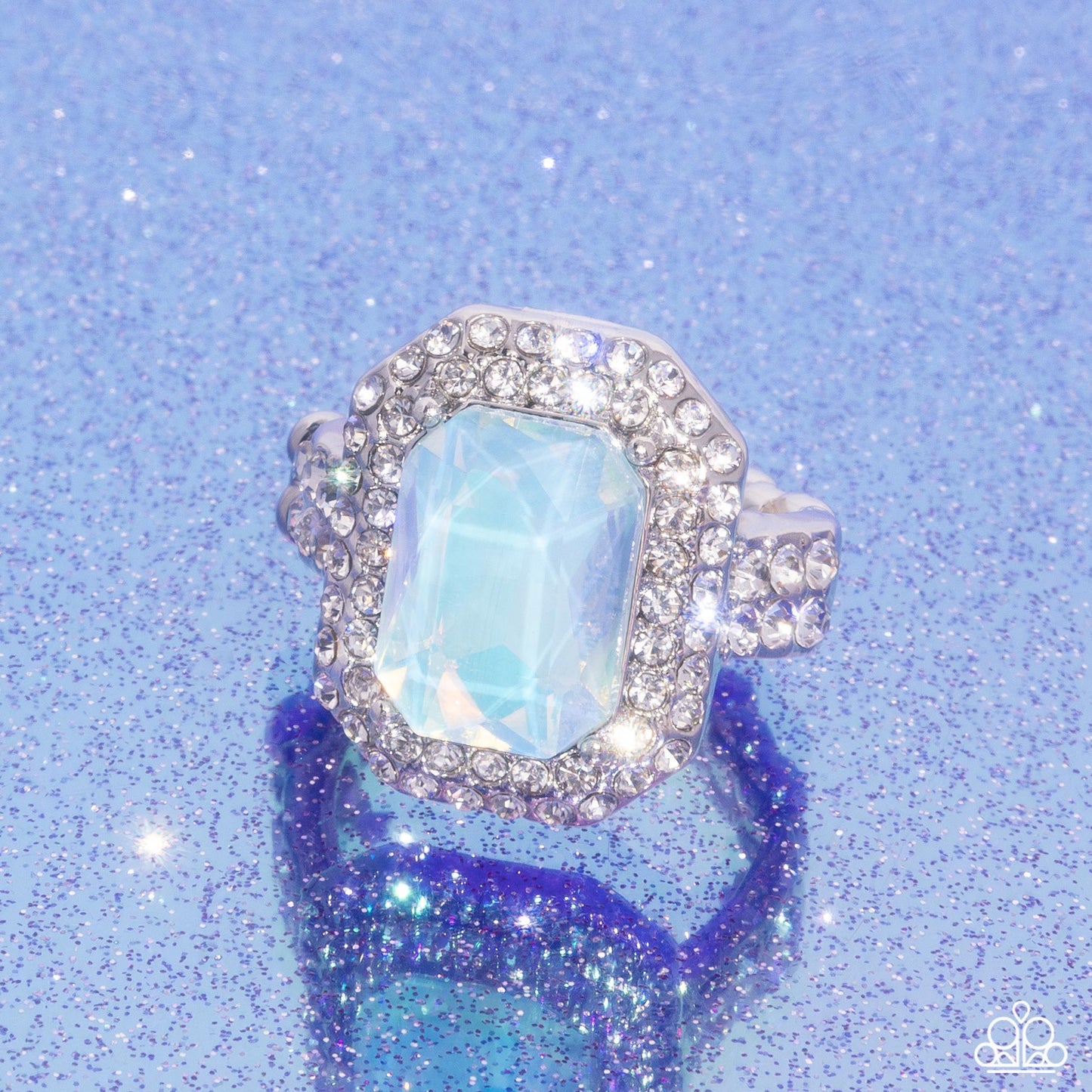 Faceted Fidelity - Blue Iridescent Gem White Rhinestone Silver Ring