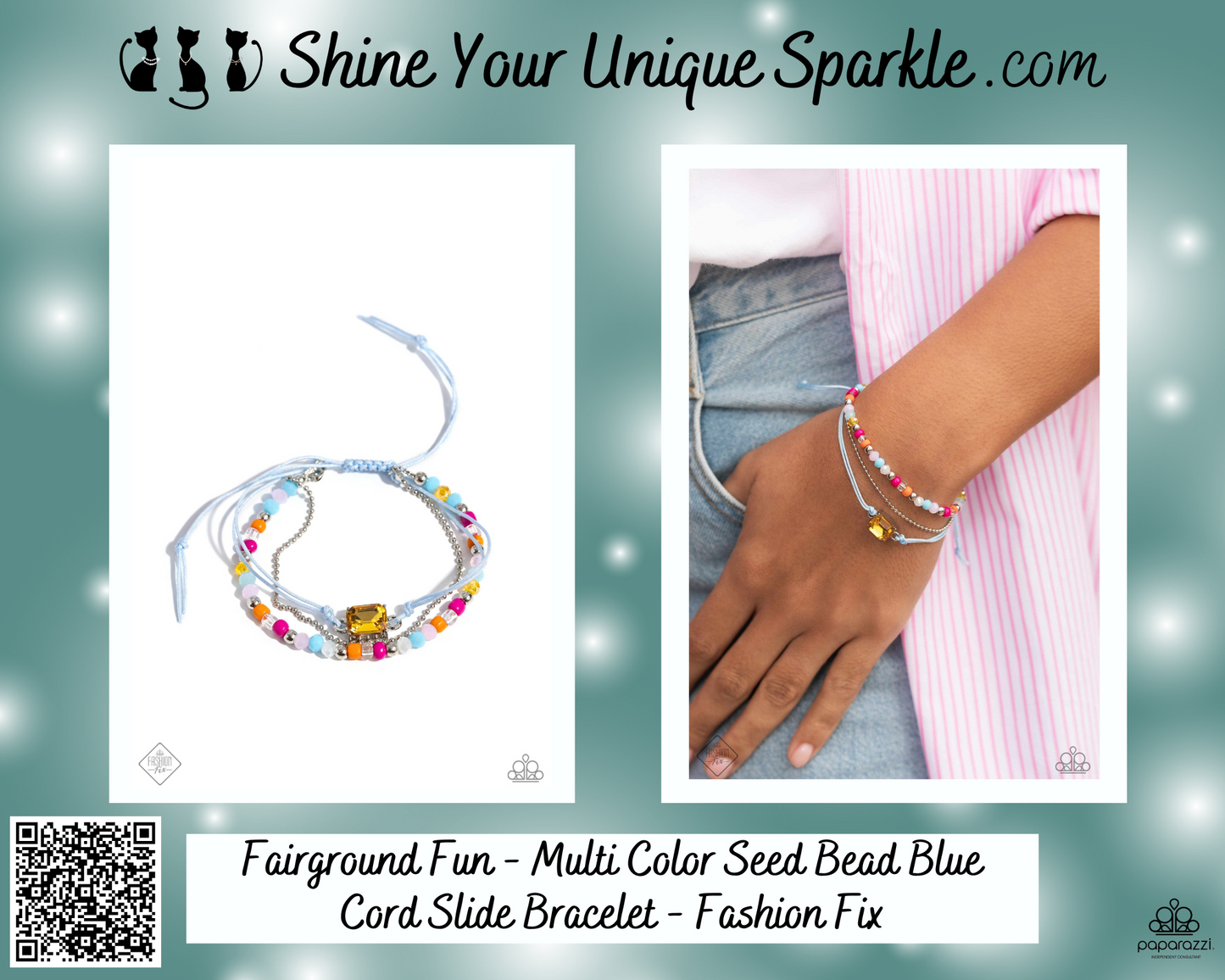 Fairground Fun - Multi Color Seed Bead Blue Cord Slide Bracelet - Fashion Fix