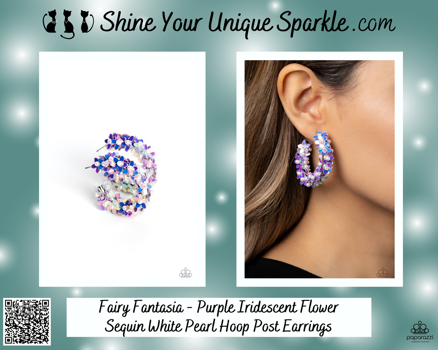 Fairy Fantasia - Purple Iridescent Flower Sequin White Pearl Hoop Post Earrings