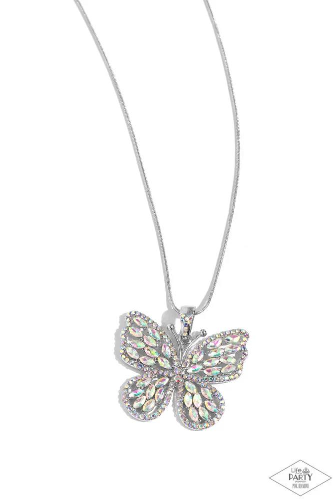 Fame and FLUTTER - Multi Iridescent Rhinestone Silver Butterfly Short Necklace - Life of the Party Pink Diamond Exclusive