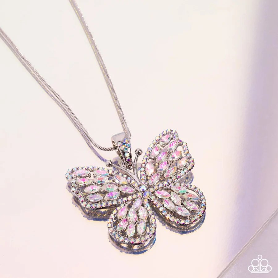 Fame and FLUTTER - Multi Iridescent Rhinestone Silver Butterfly Short Necklace - Life of the Party Pink Diamond Exclusive