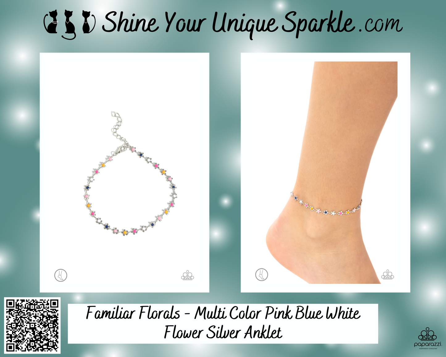 Familiar Florals - Multi Color Pink Blue White Flower Silver Anklet