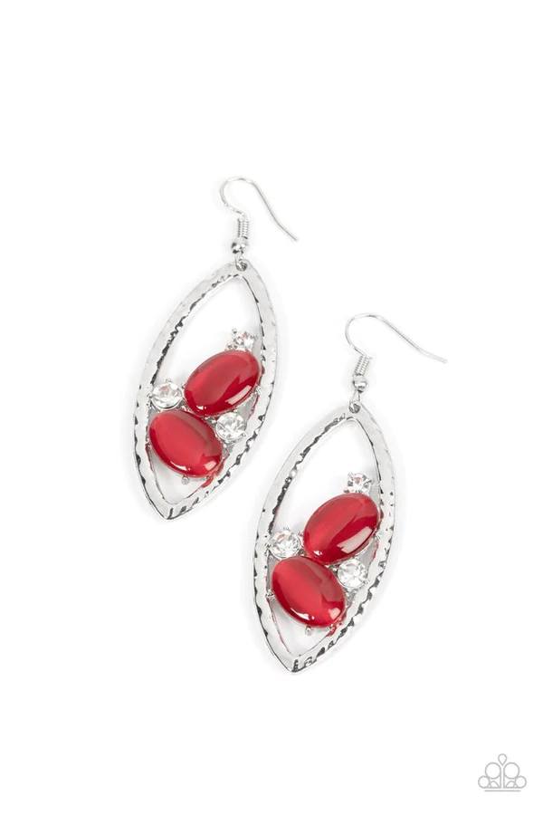 Famously Fashionable - Red Cat's Eye Silver Fishhook Earrings