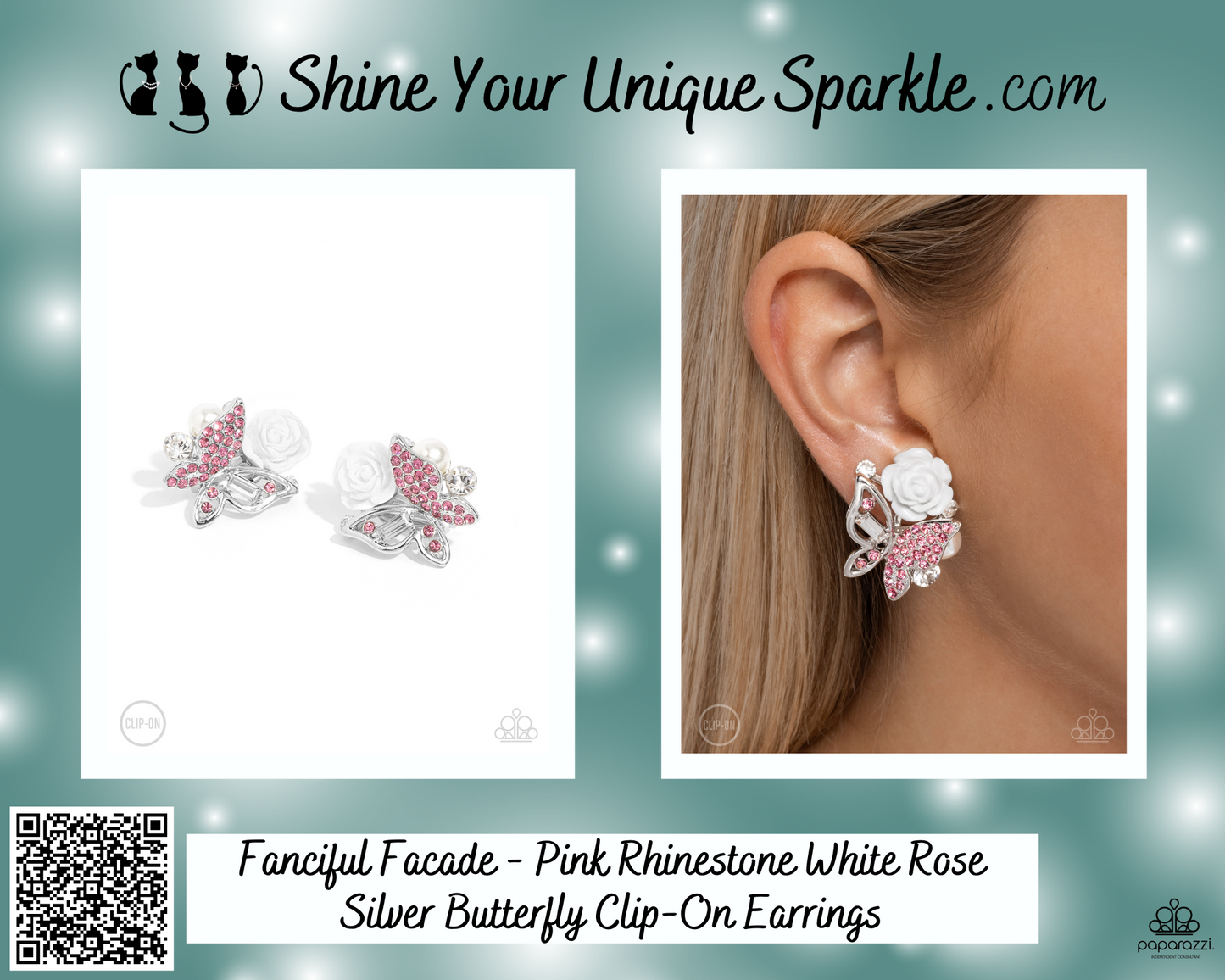 Fanciful Facade - Pink Rhinestone White Rose Silver Butterfly Clip-On Earrings