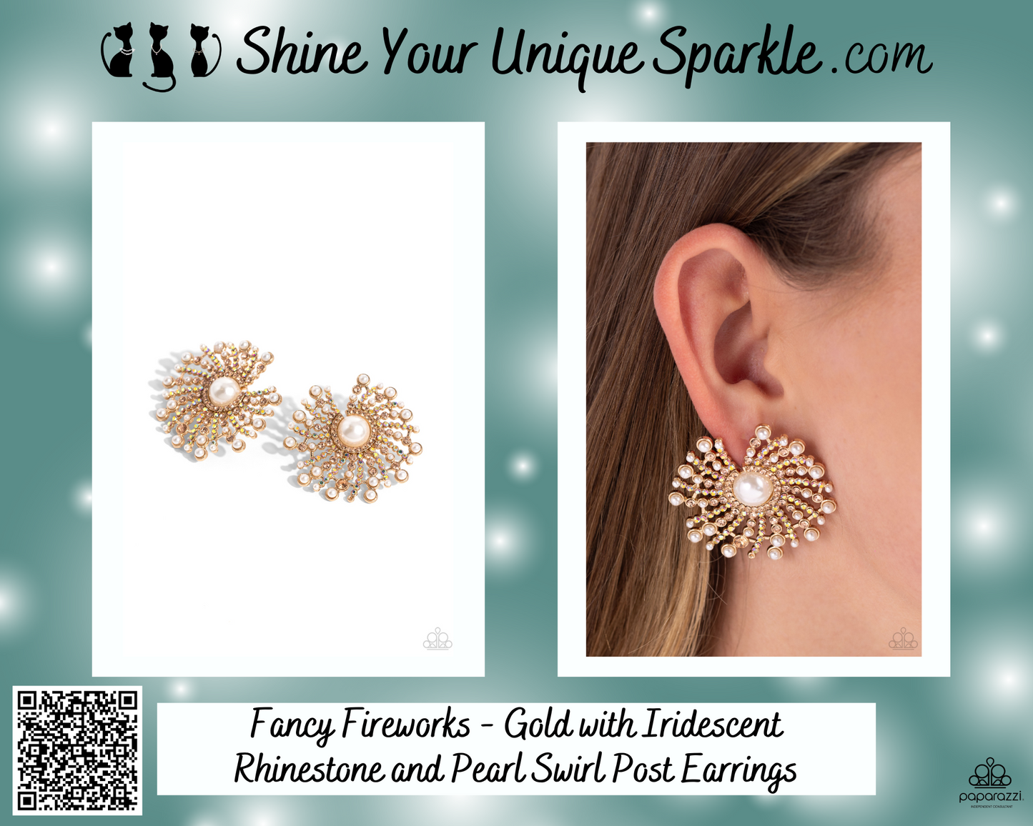 Fancy Fireworks - Gold with Iridescent Rhinestone and Pearl Swirl Post Earrings
