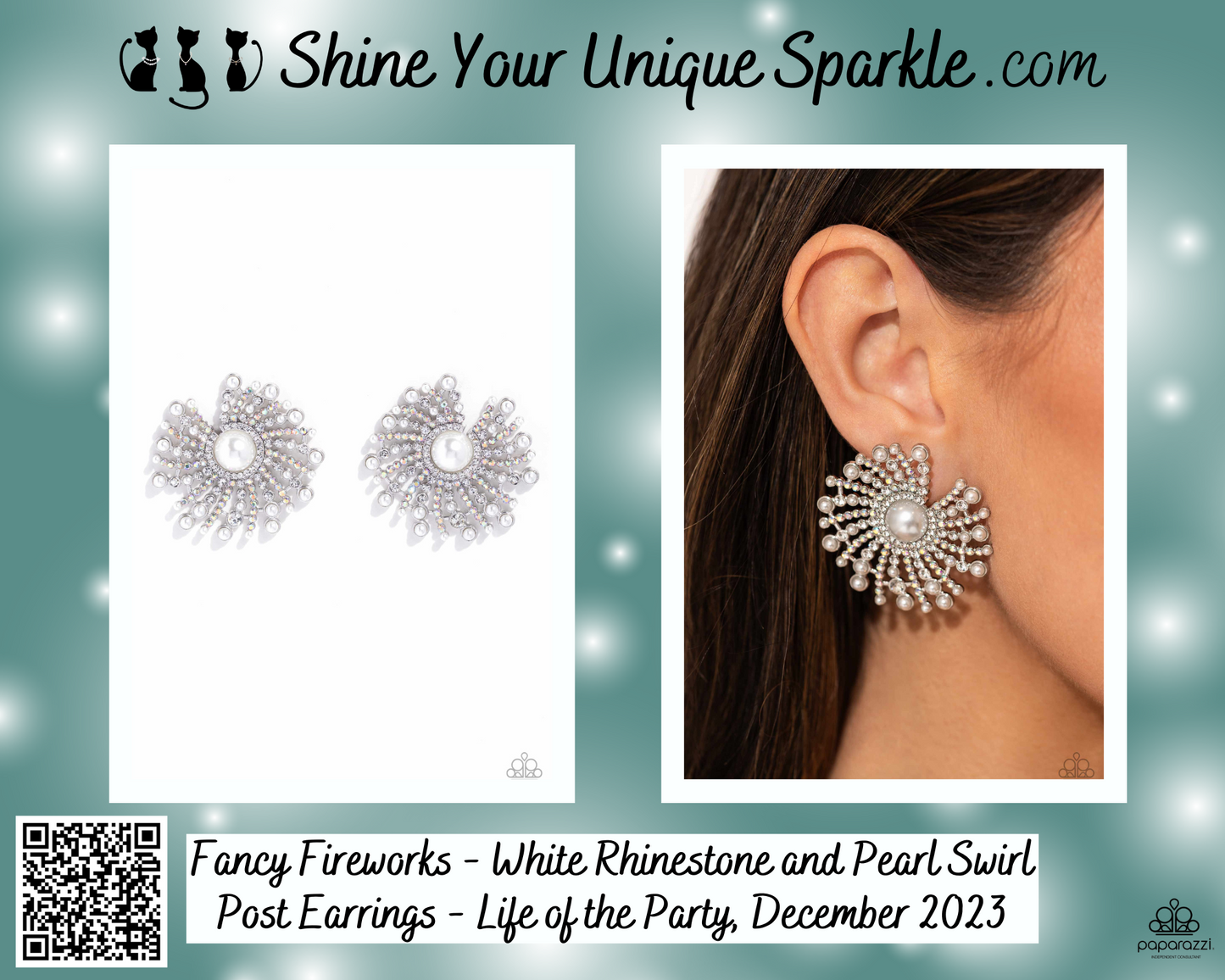 Fancy Fireworks - White Rhinestone and Pearl Swirl Post Earrings - Life of the Party