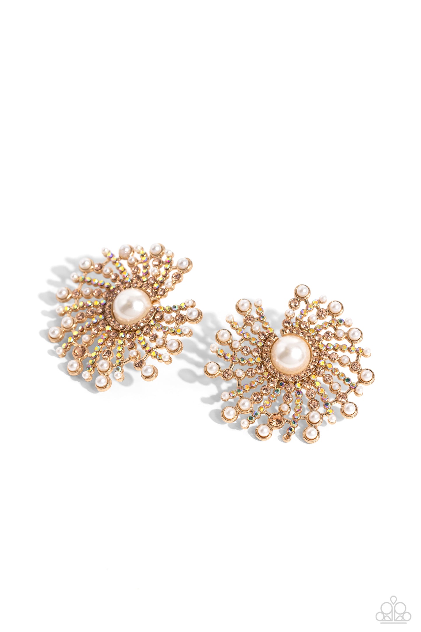 Fancy Fireworks - Gold with Iridescent Rhinestone and Pearl Swirl Post Earrings