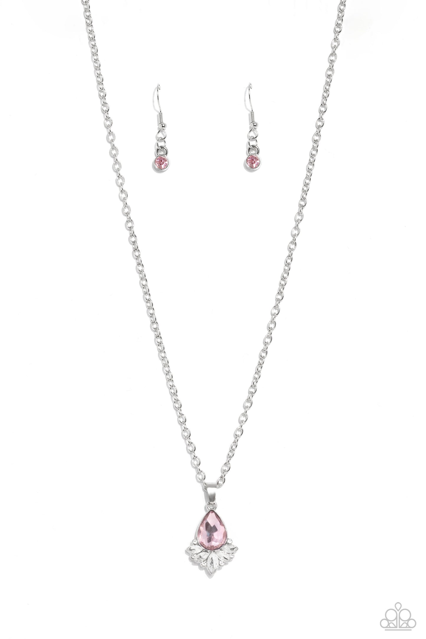 Fancy Fringe - Pink Gem Pendant Silver Short Necklace