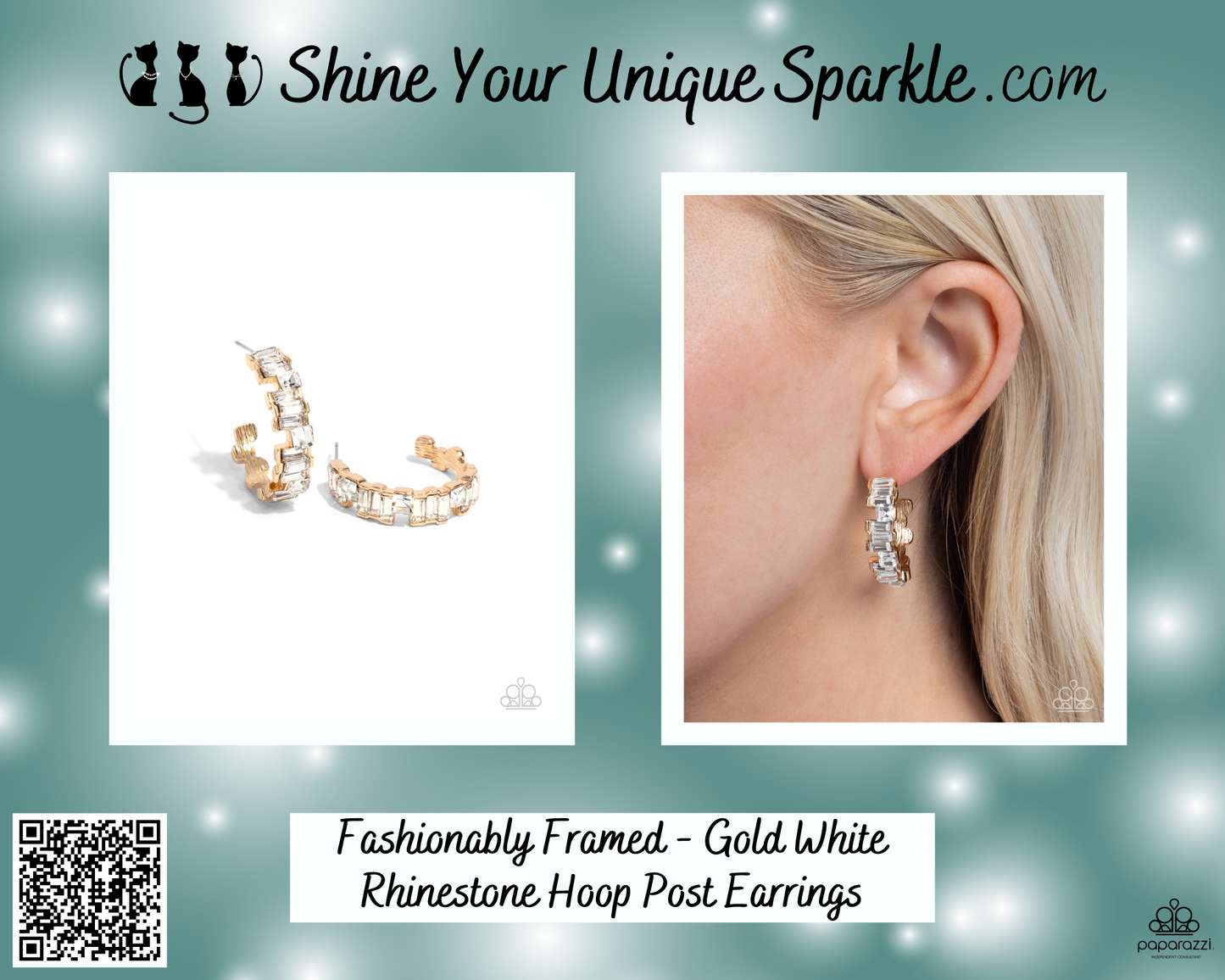 Fashionably Framed - Gold White Rhinestone Hoop Post Earrings