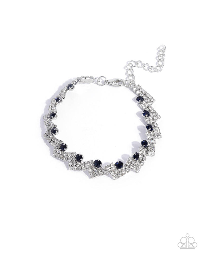 Fateful Finish - Blue and White Rhinestone Silver Clasp Bracelet