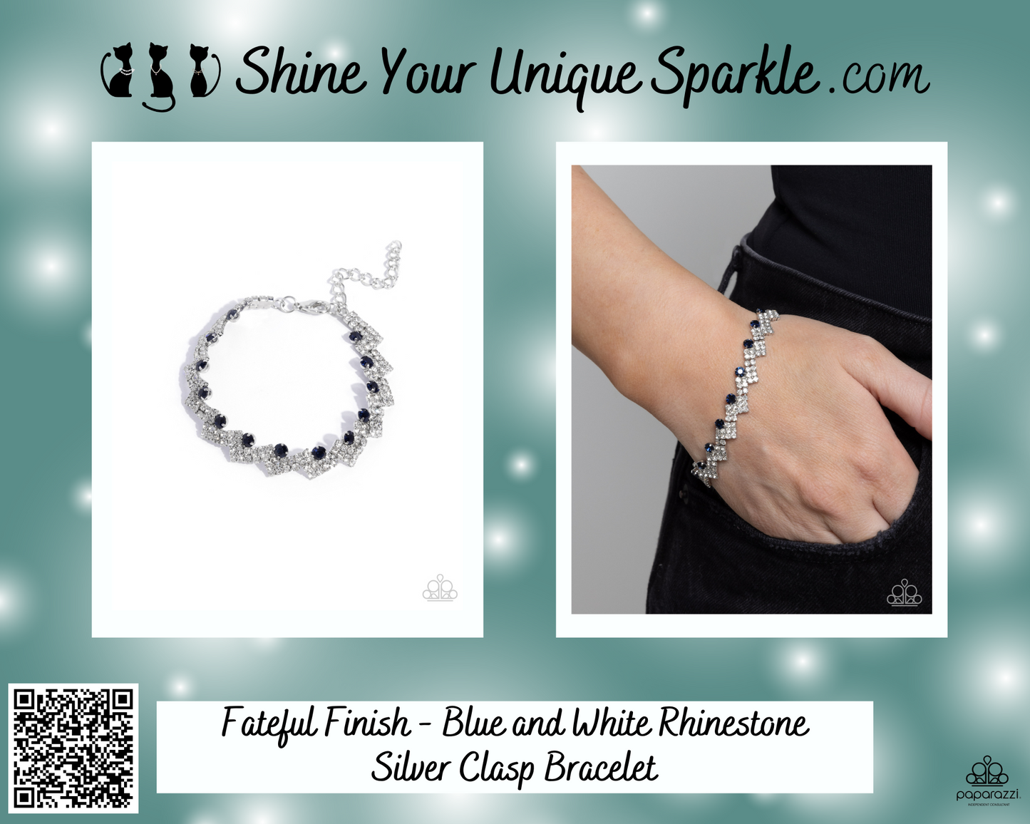 Fateful Finish - Blue and White Rhinestone Silver Clasp Bracelet