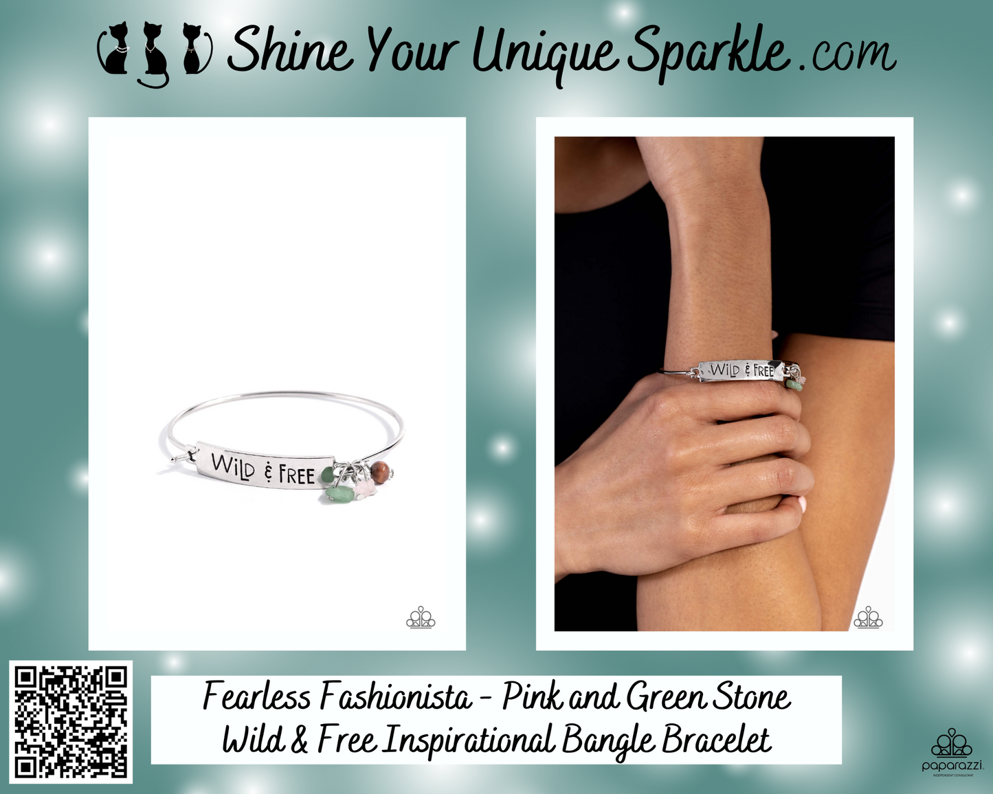Fearless Fashionista - Pink and Green Stone Wild & Free Inspirational Bangle Bracelet