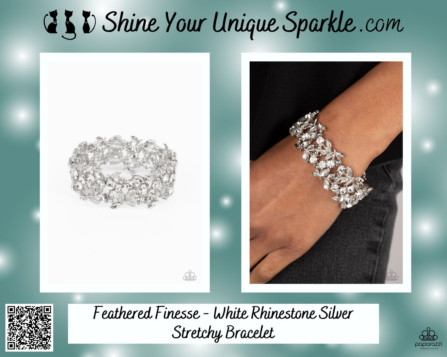 Feathered Finesse - White Rhinestone Silver Stretchy Bracelet