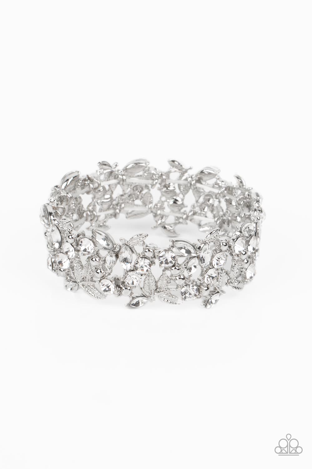 Feathered Finesse - White Rhinestone Silver Stretchy Bracelet