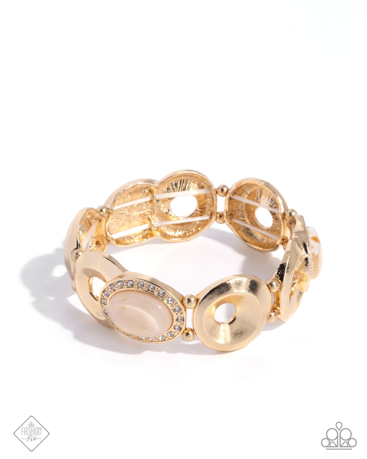 PERFECT MATCH / SET: Spirited Softness - Gold Oval White Rhinestone Short Necklace AND Feminine Flecks - Gold White Rhinestone Stretchy Bracelet - Fashion Fix