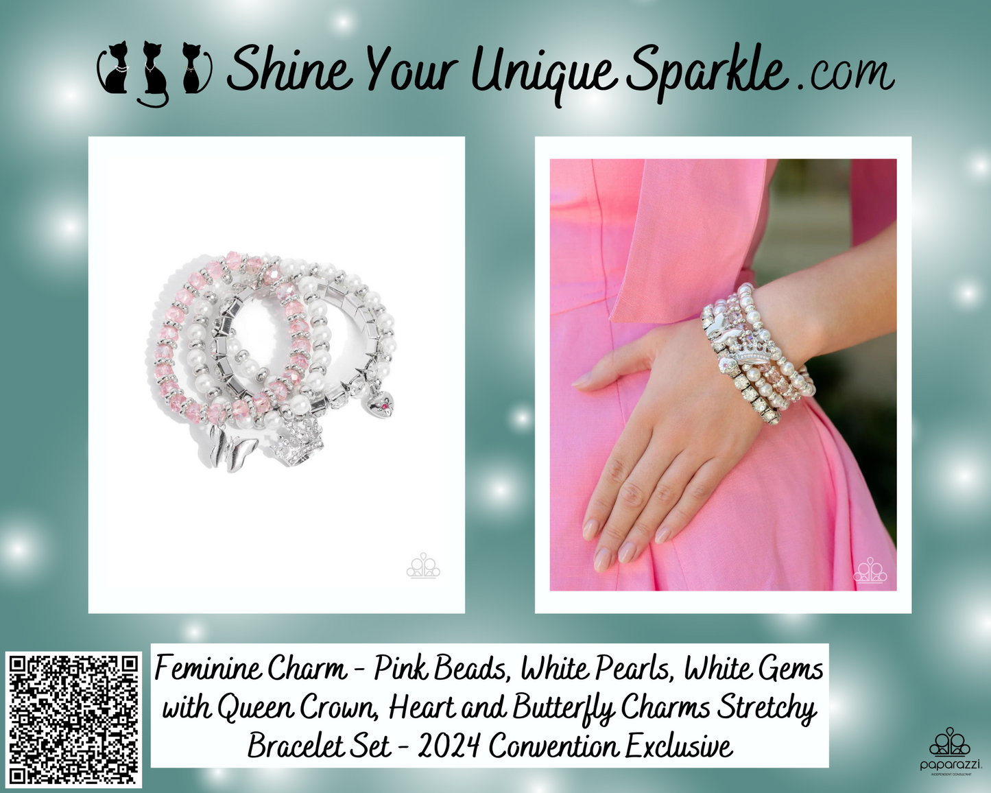 Feminine Charm - Pink Beads, White Pearls, White Gems with Queen Crown, Heart and Butterfly Charms Stretchy Bracelet Set - 2024 Convention Exclusive