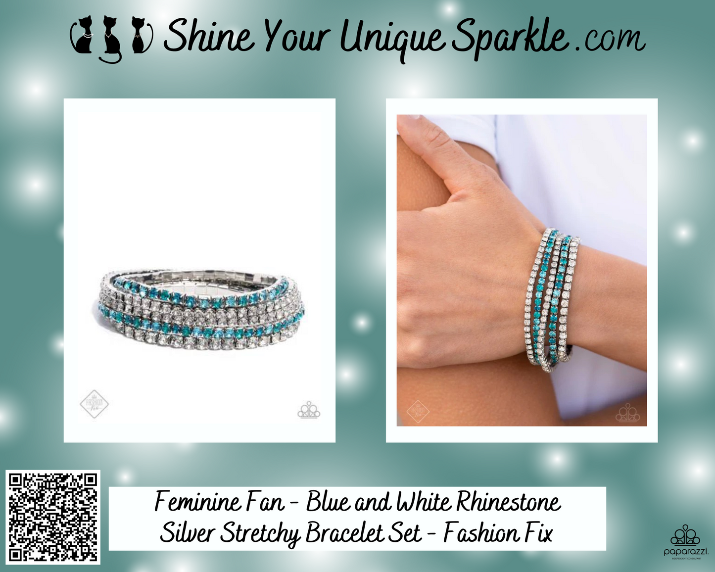 Feminine Fan - Blue and White Rhinestone Silver Stretchy Bracelet Set - Fashion Fix