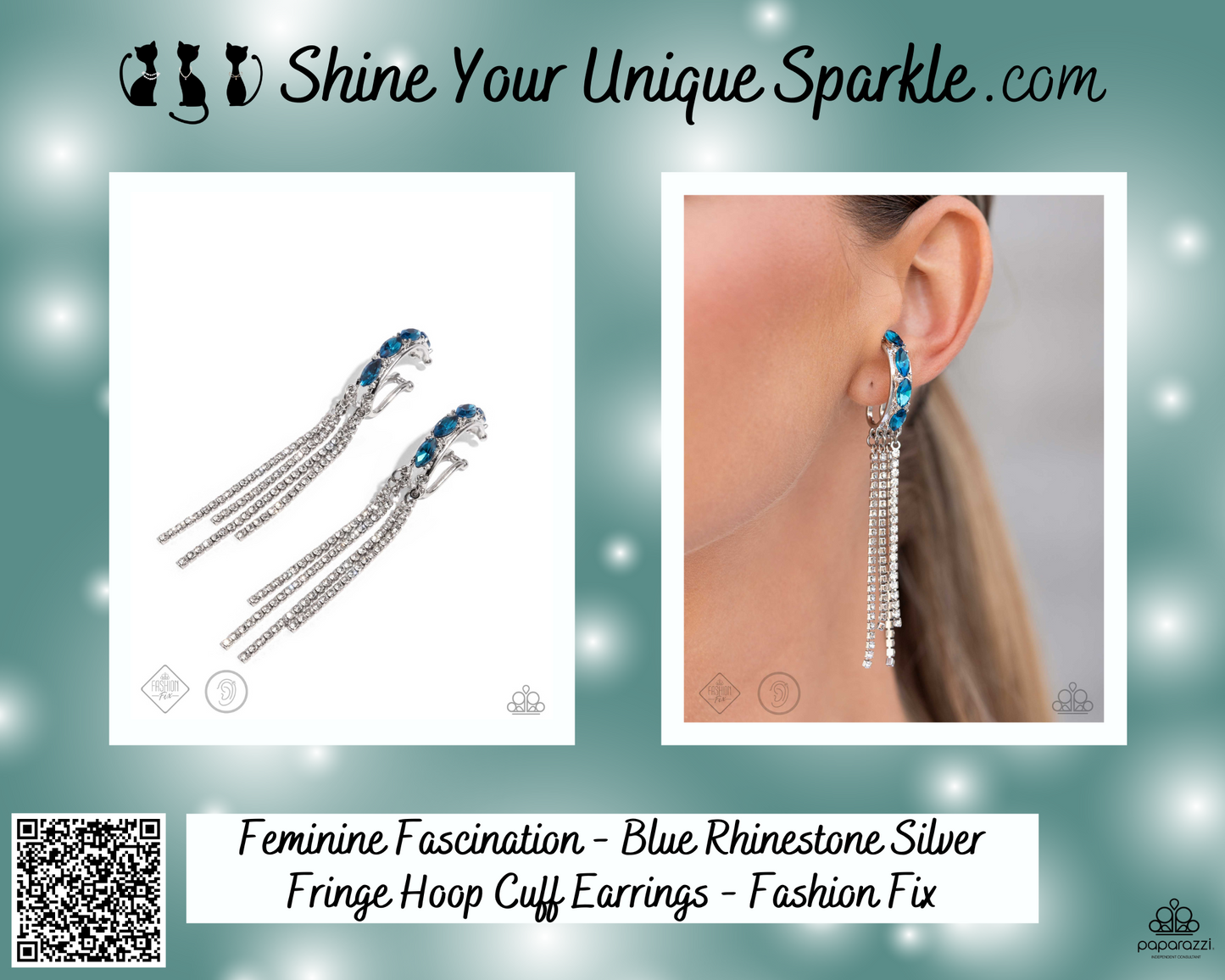 Feminine Fascination - Blue Rhinestone Silver Fringe Hoop Cuff Earrings - Fashion Fix