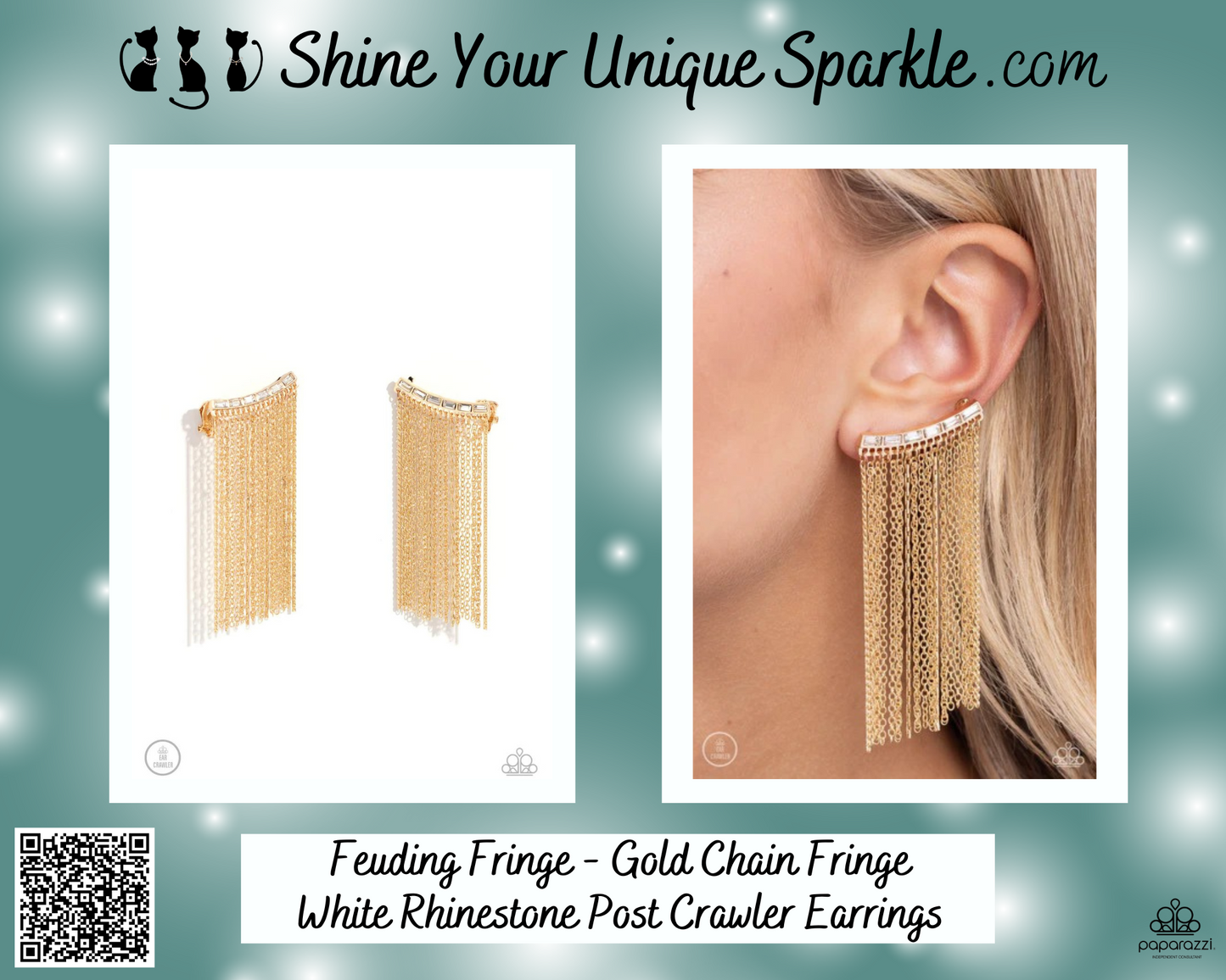 Feuding Fringe - Gold Chain Fringe White Rhinestone Post Crawler Earrings
