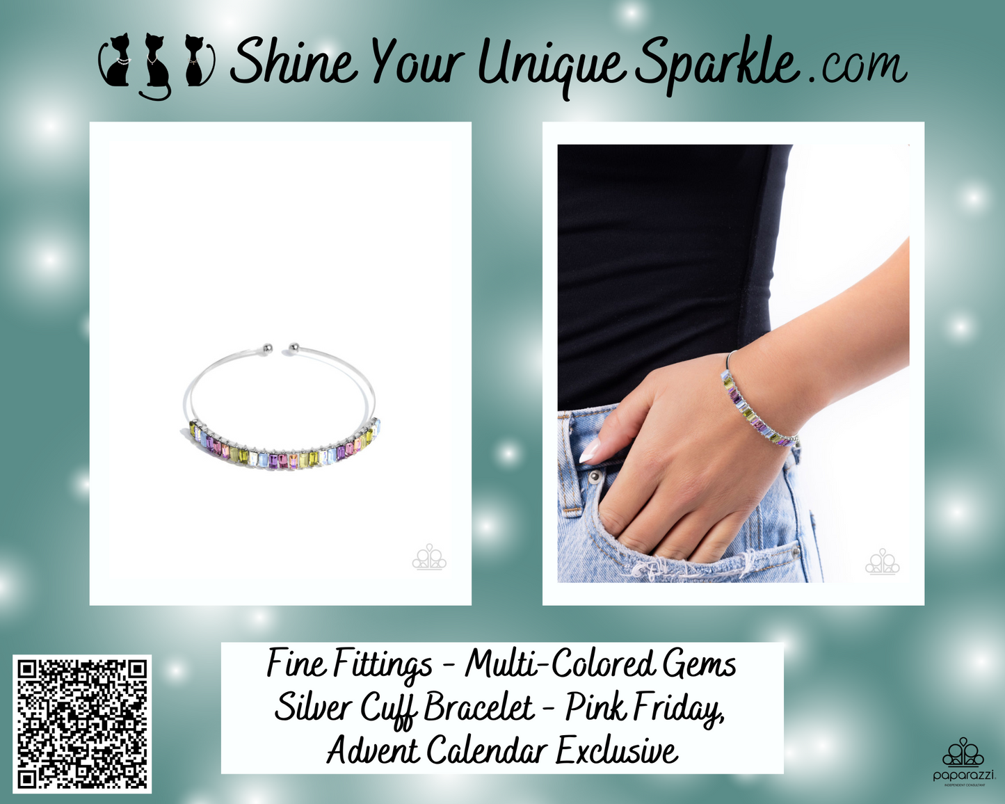 Fine Fittings - Multi-Colored Gems Silver Cuff Bracelet - Pink Friday, Advent Calendar Exclusive