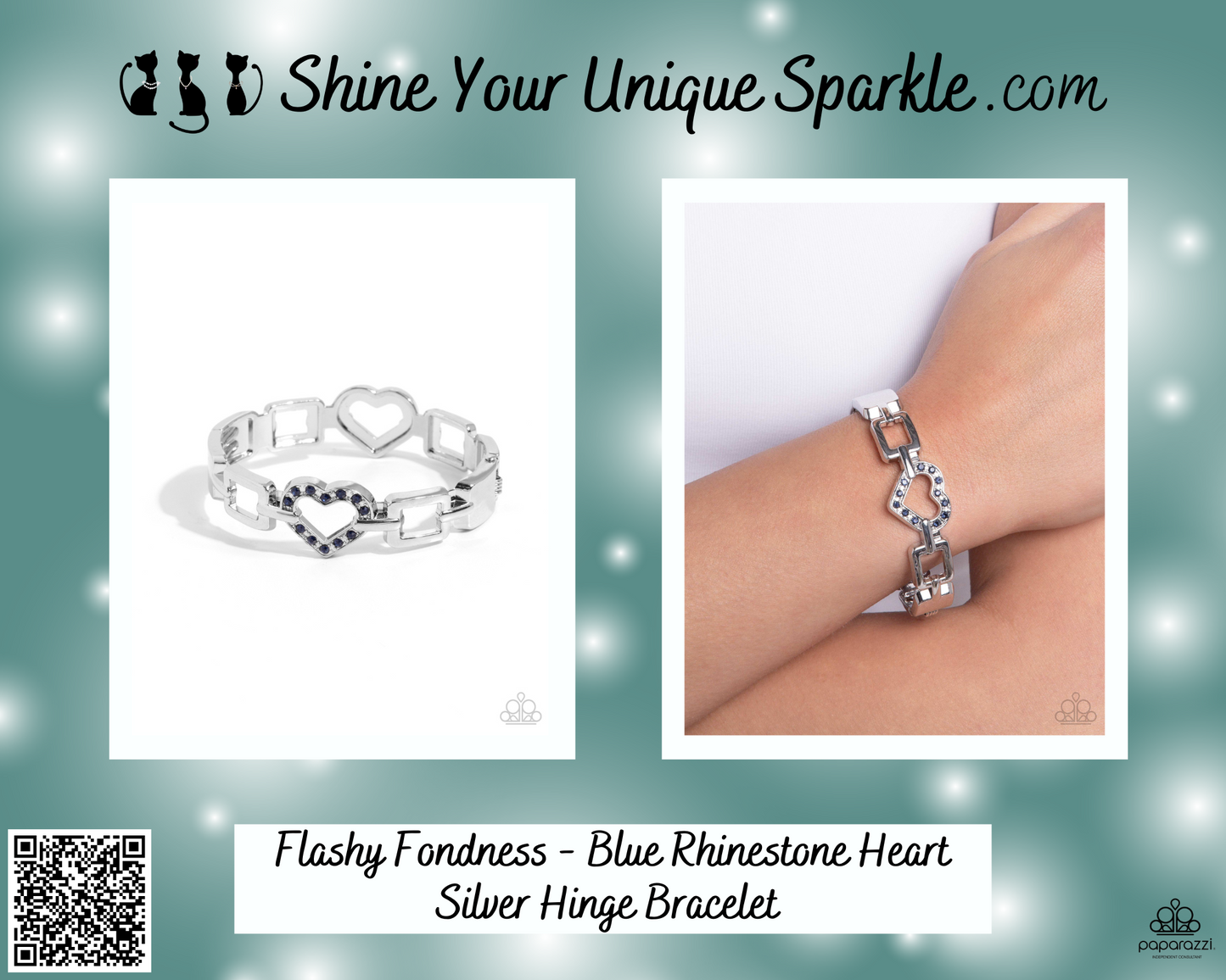 Flashy Fondness - Blue Rhinestone Heart Silver Hinge Bracelet