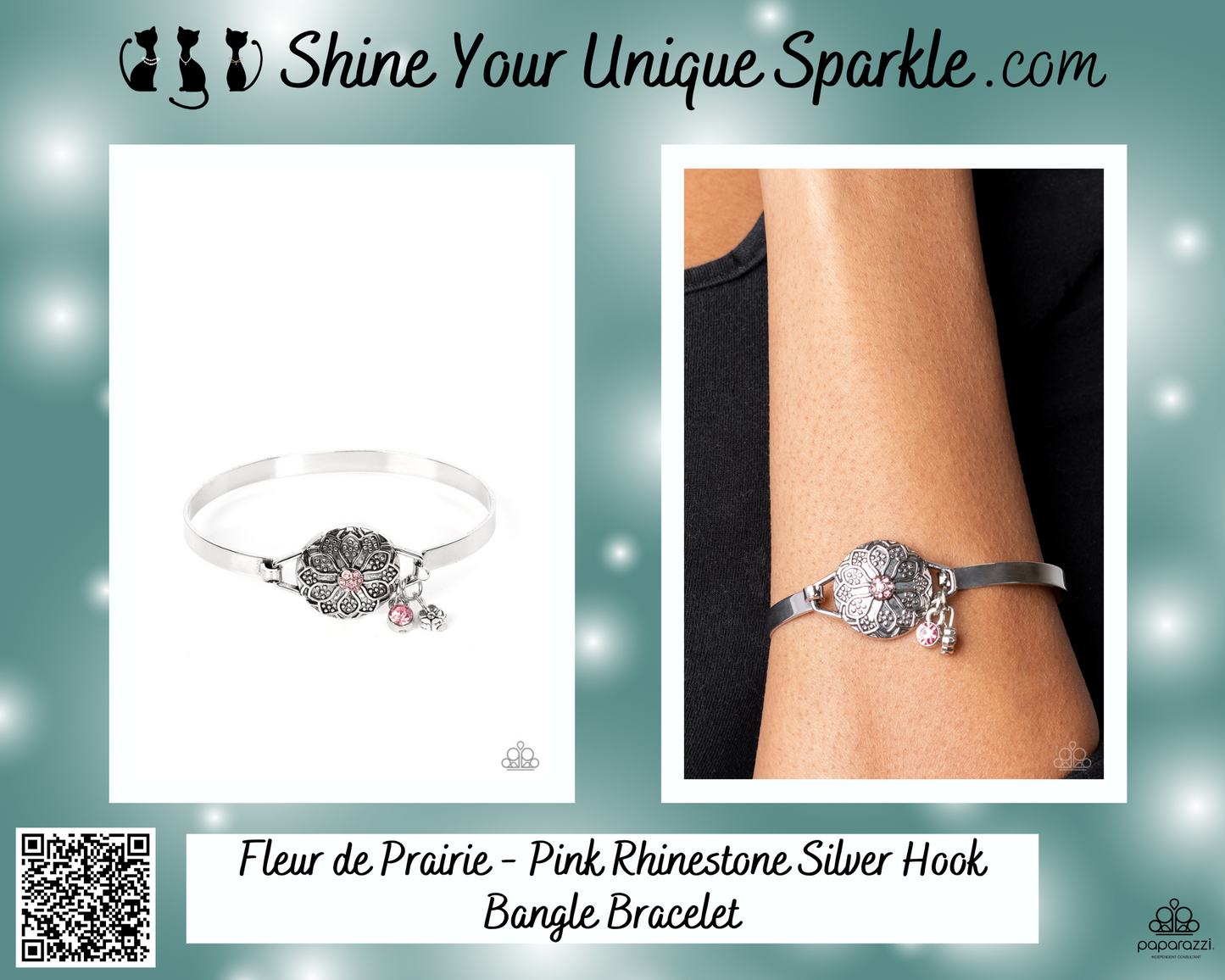 Fleur de Prairie - Pink Rhinestone Silver Hook Bangle Bracelet