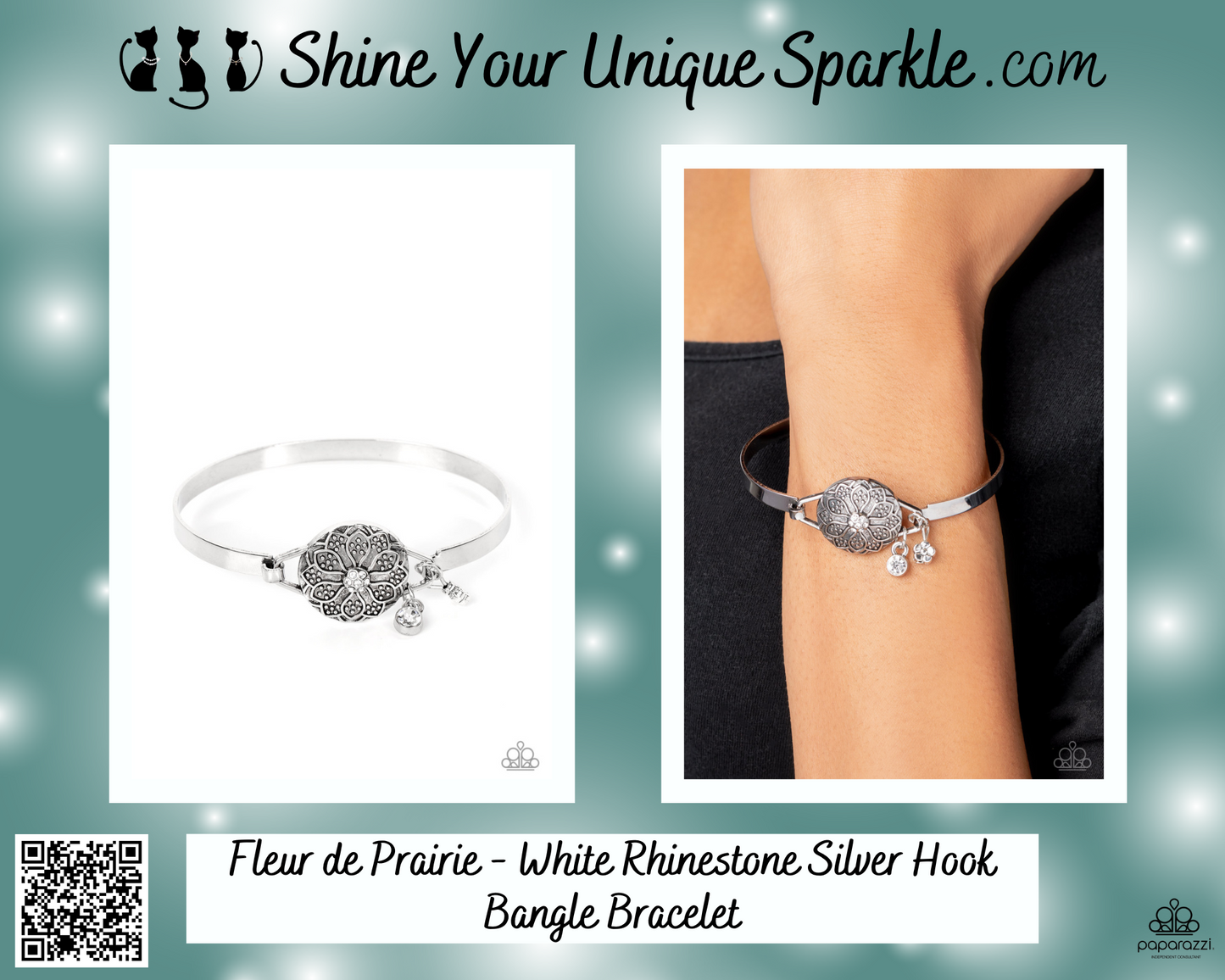 Fleur de Prairie - White Rhinestone Silver Hook Bangle Bracelet