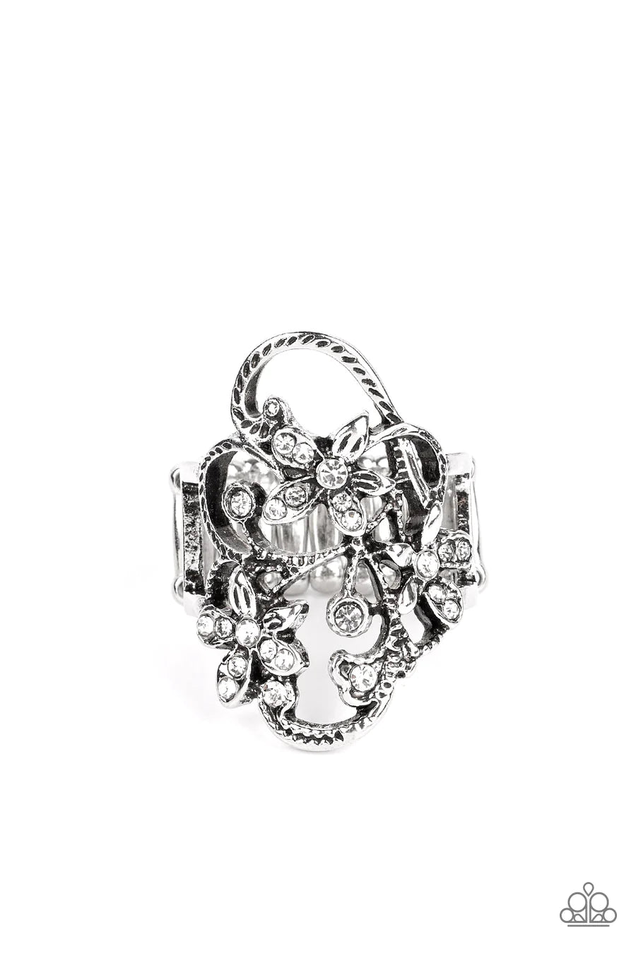 Flirtatiously Flowering - White Rhinestone Silver Floral Ring