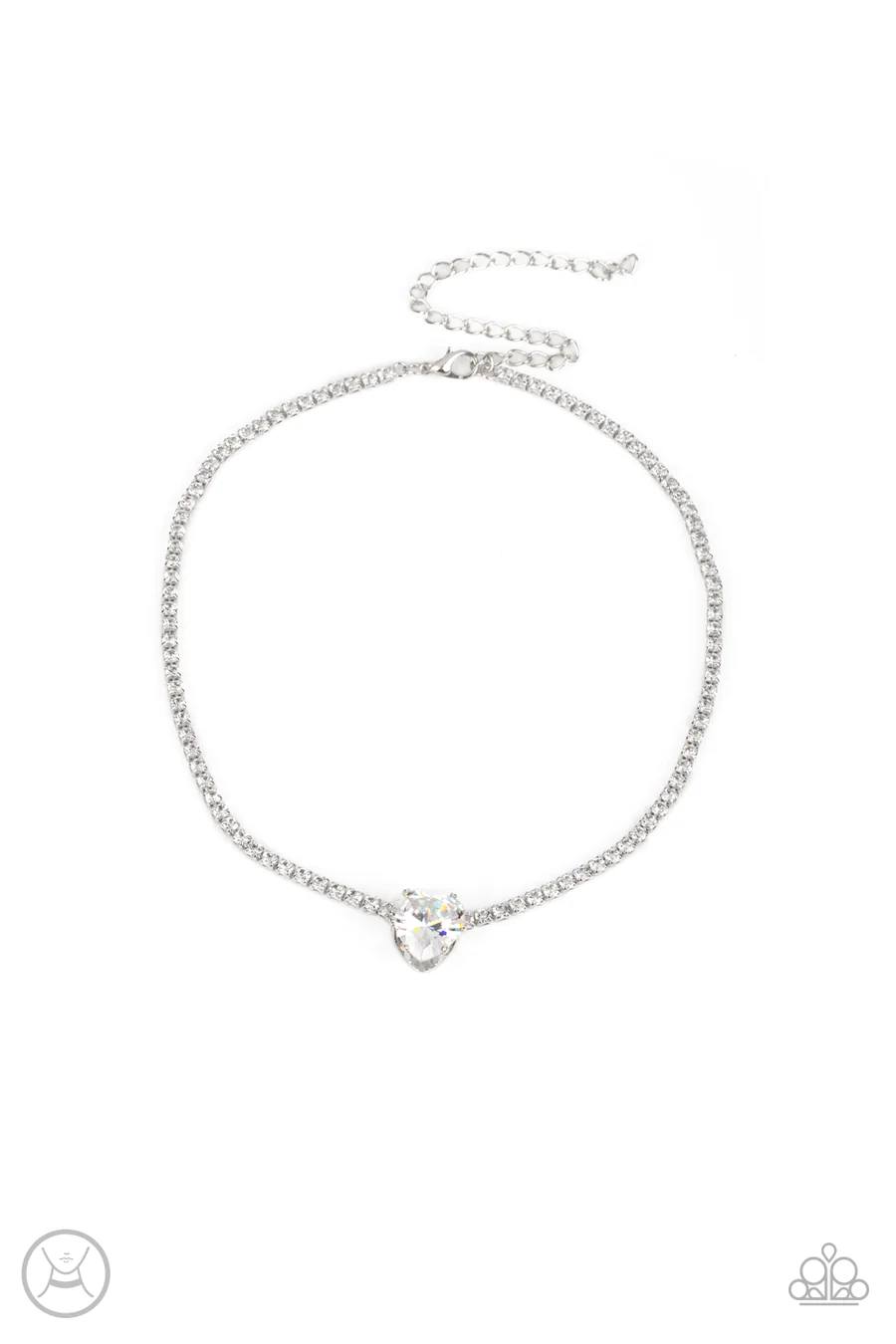 PERFECT MATCH / SET: Flirty Fiance - White Light Purple Heart Gem Silver Choker Necklace AND Bedazzled Beauty - White Light Purple Heart Gem Silver Clasp Bracelet