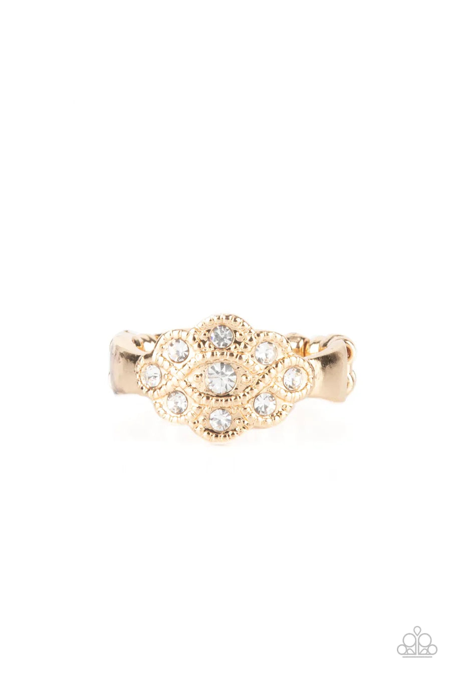Floral Frou-Frou - Gold White Rhinestone Ring
