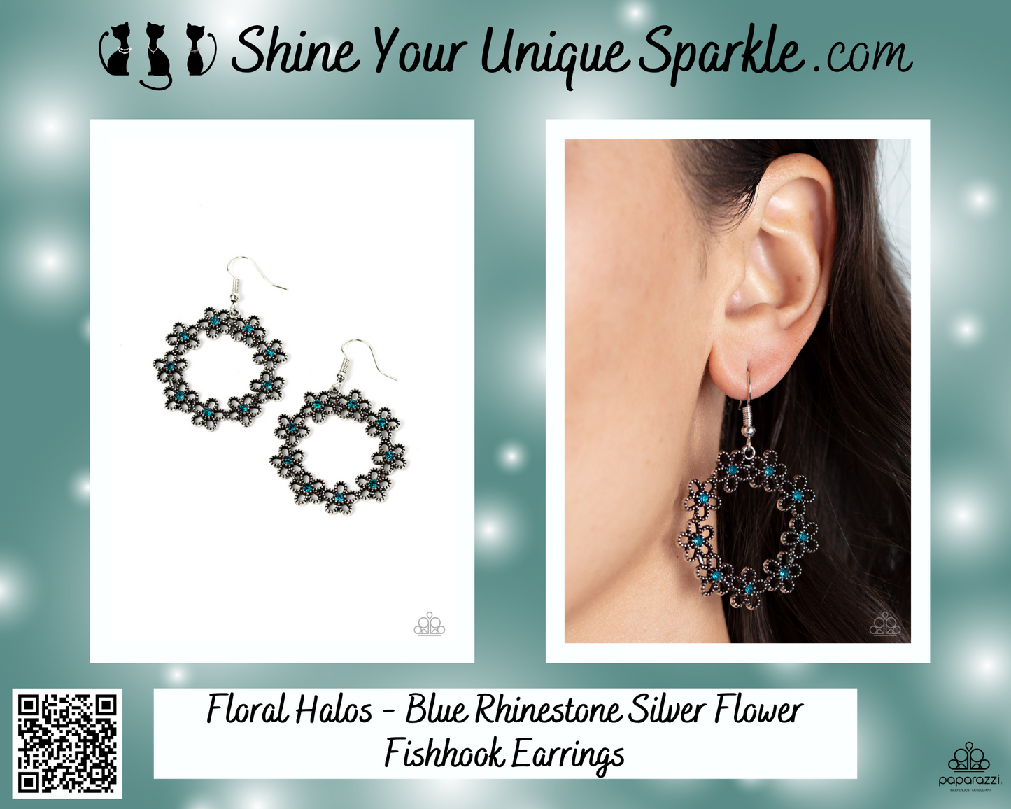 Floral Halos - Blue Rhinestone Silver Flower Fishhook Earrings