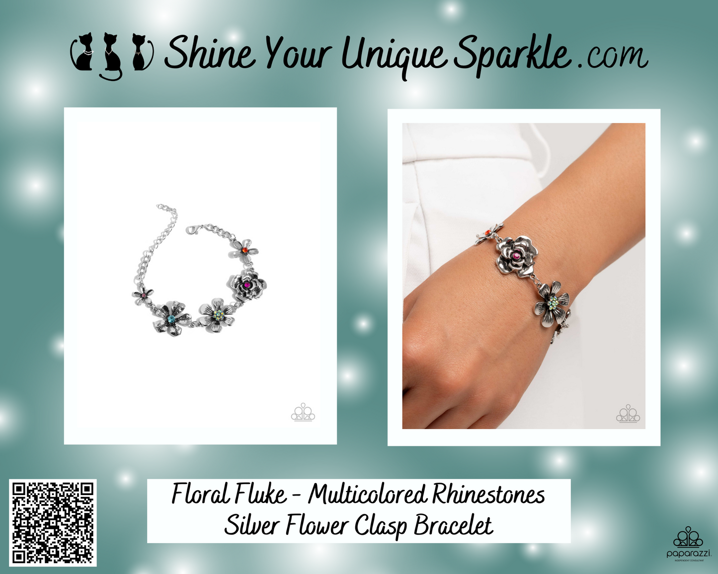 Floral Fluke - Multicolored Rhinestones Silver Flower Clasp Bracelet