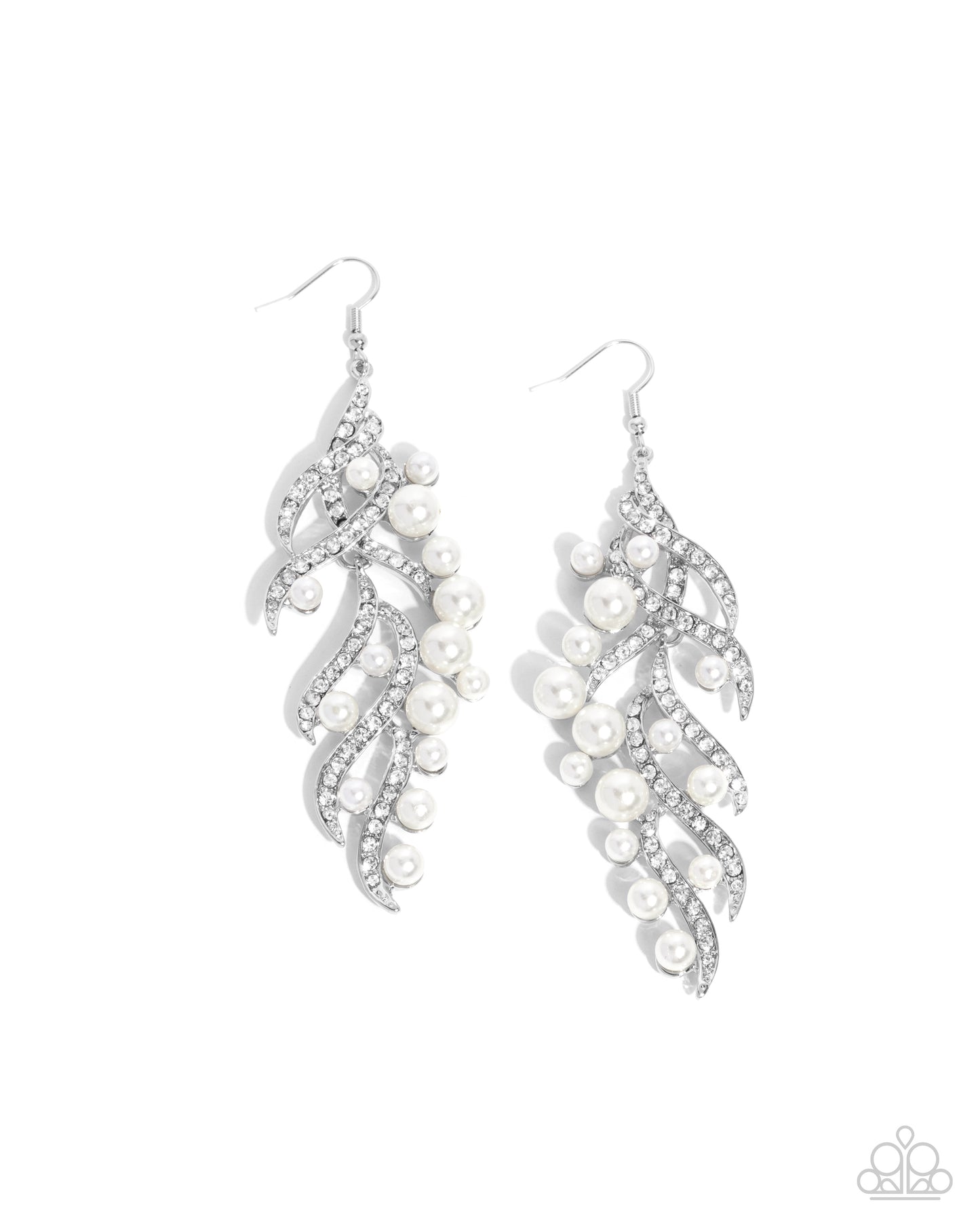 Flourishing Fancy - White Pearl and Rhinestone Silver Fishhook Earrings