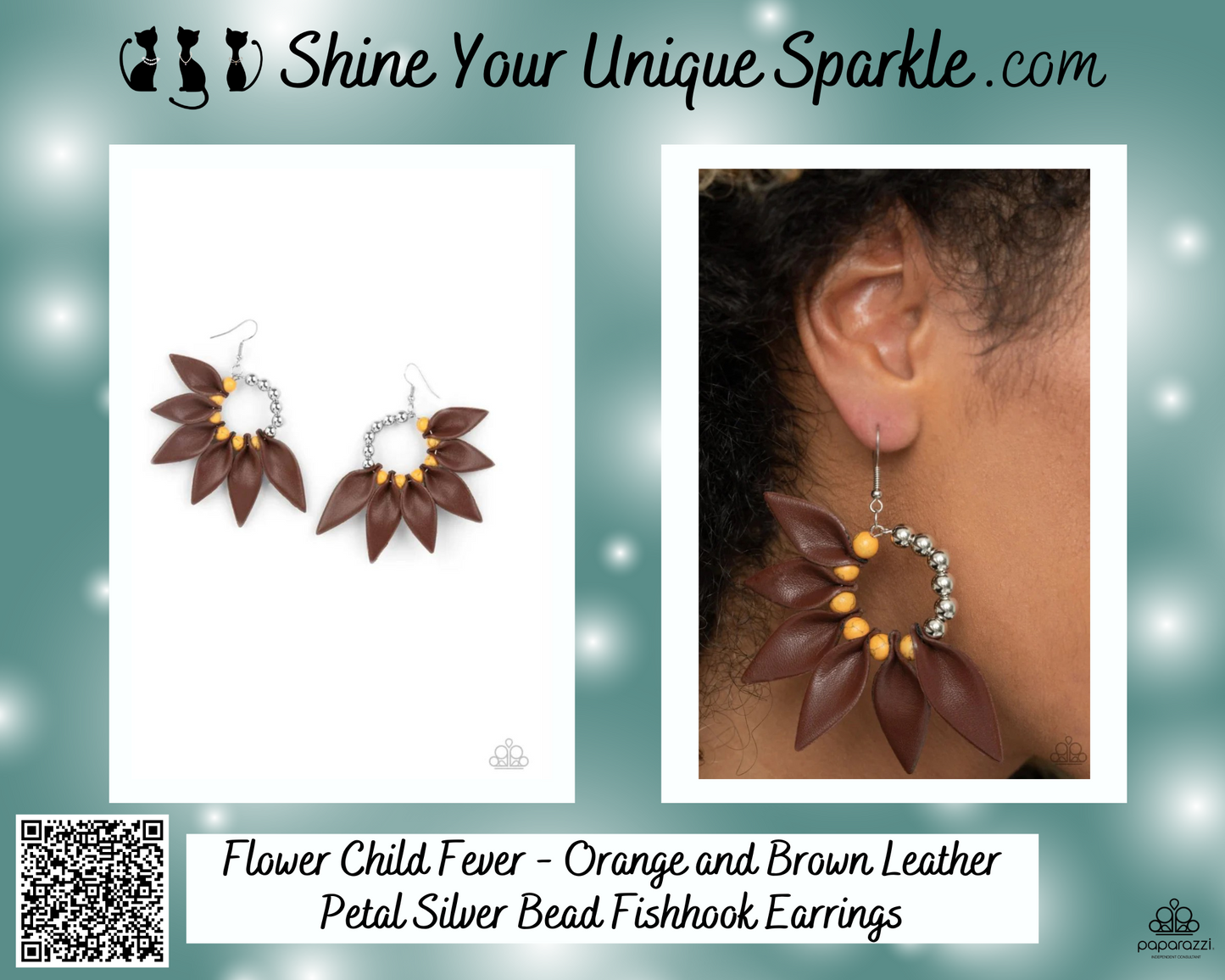 Flower Child Fever - Orange and Brown Leather Petal Silver Bead Fishhook Earrings