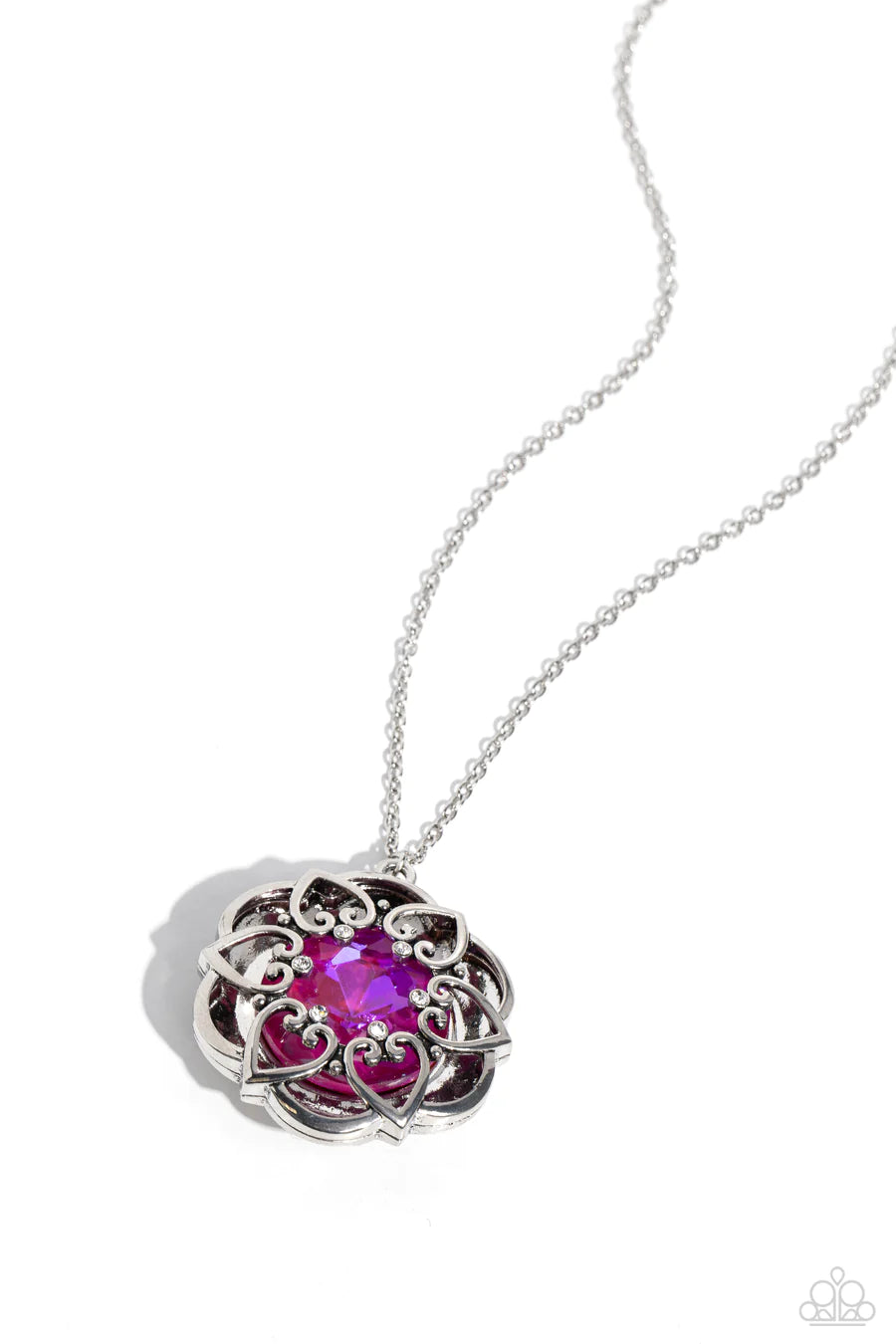 Flowering Fantasy - Pink UV Shimmer Gem White Rhinestone Floral Hearts Pendant Medium Silver Necklace