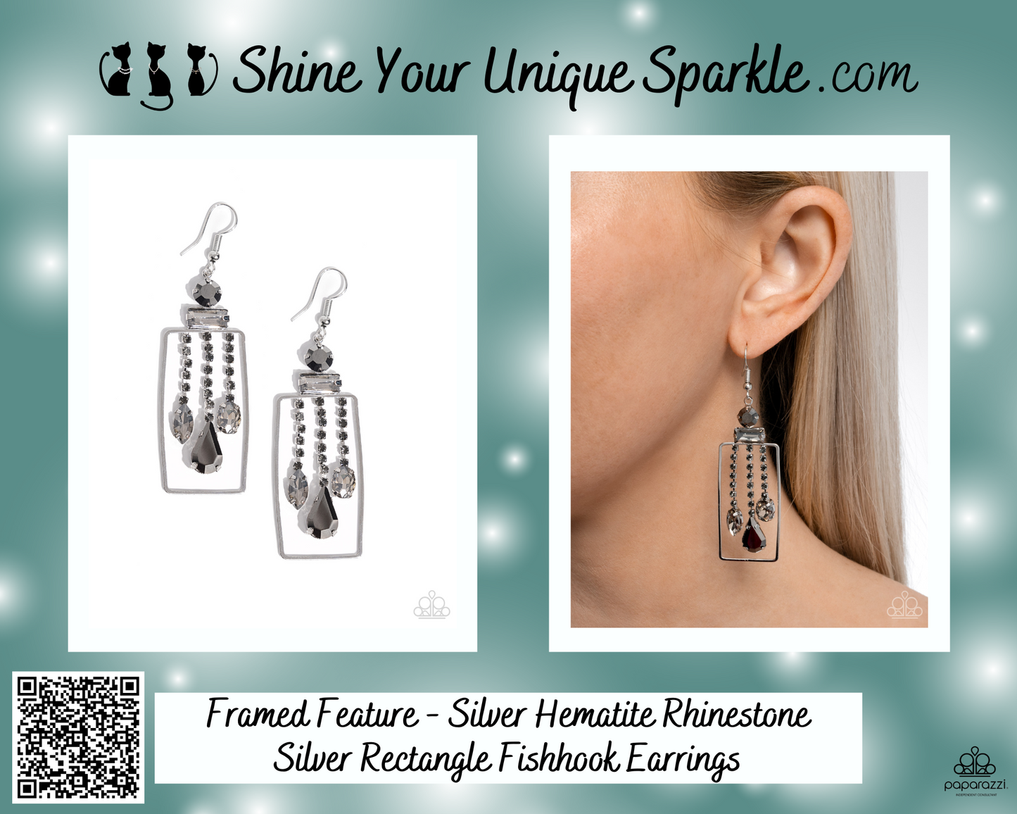 Framed Feature - Silver Hematite Rhinestone Silver Rectangle Fishhook Earrings
