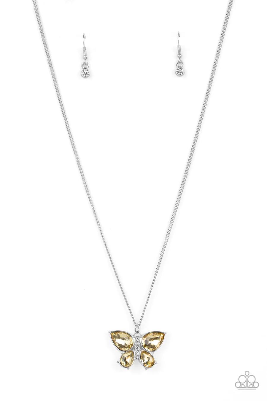 Free-Flying Flutter - Yellow Gem Silver Butterfly Medium-Length Necklace
